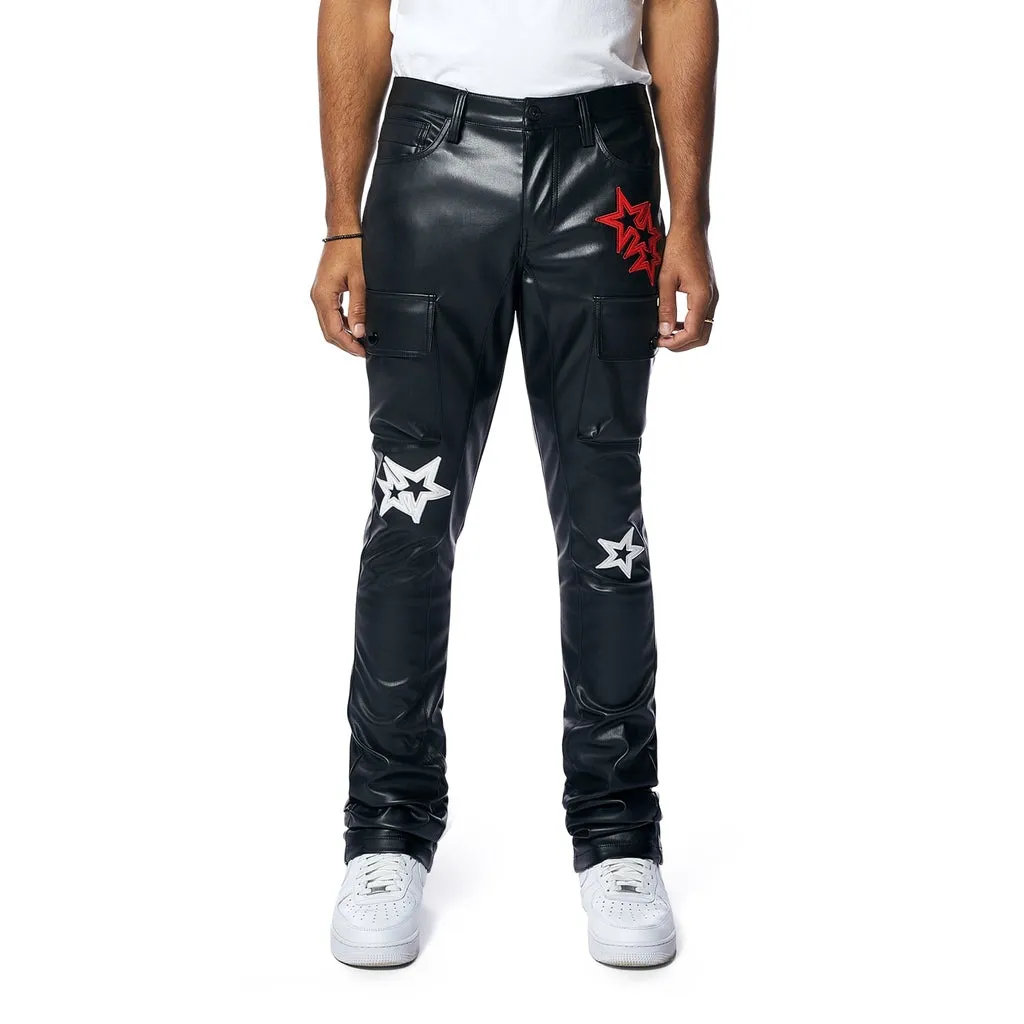 3D Embroidered Cargo Vegan Leather Pants - Black