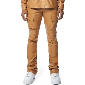 3D Embroidered Cargo Vegan Leather Pants - Tan