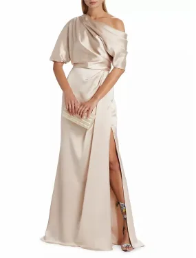 A-Line Mother of the Bride Dress Formal Wedding Guest Elegant Simple Off Shoulder Floor Length Charmeuse Short Sleeve with Side Draping Side-Draped Solid Color