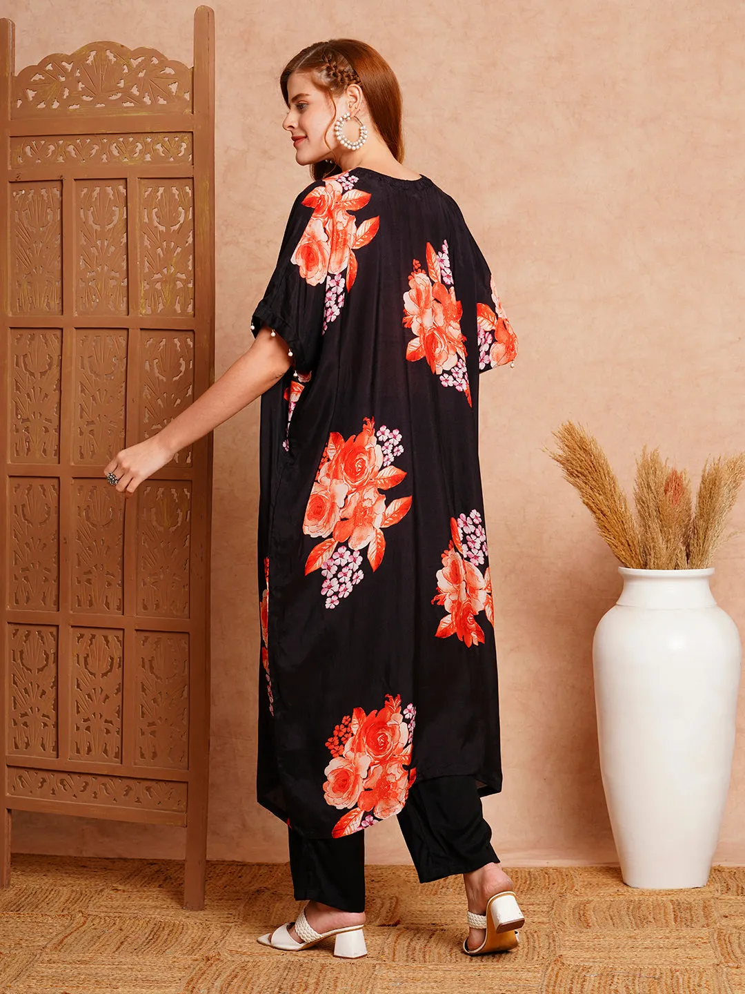 Abstract Printed & Hand Embroidered Kaftan Kurta with Pant - Black