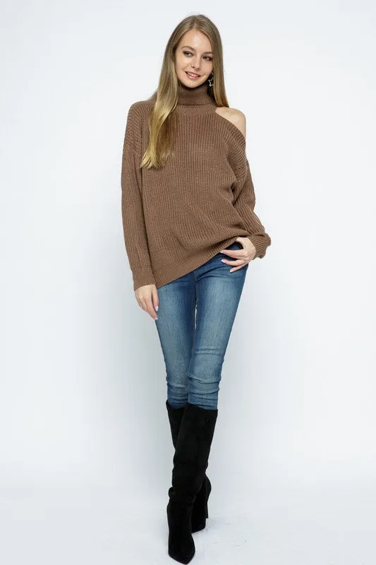 Adele Cut-Out Shoulder Sweater- Khaki