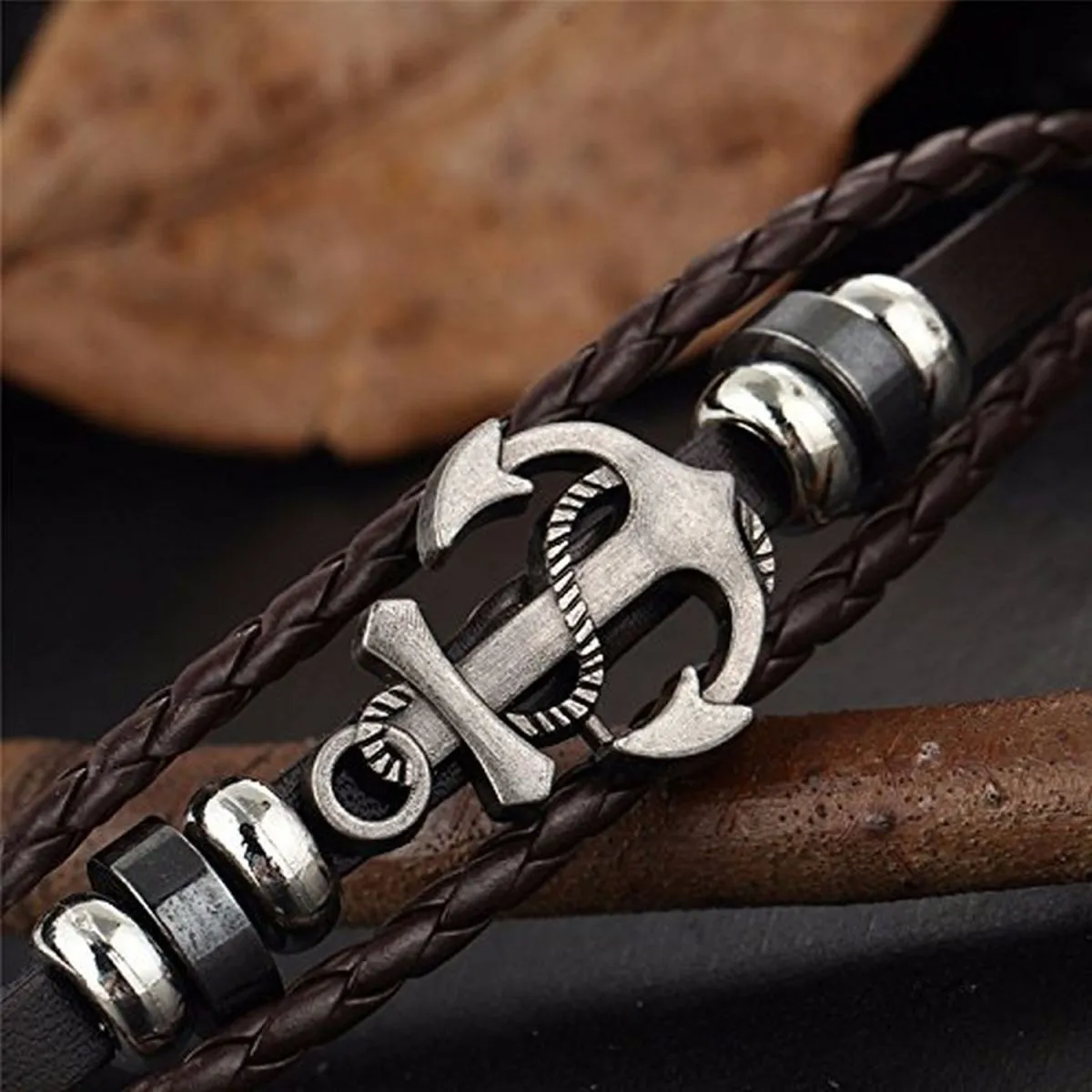 Anchor Braided Brown Leather Ring Wrist Band Strand Bracelet Men