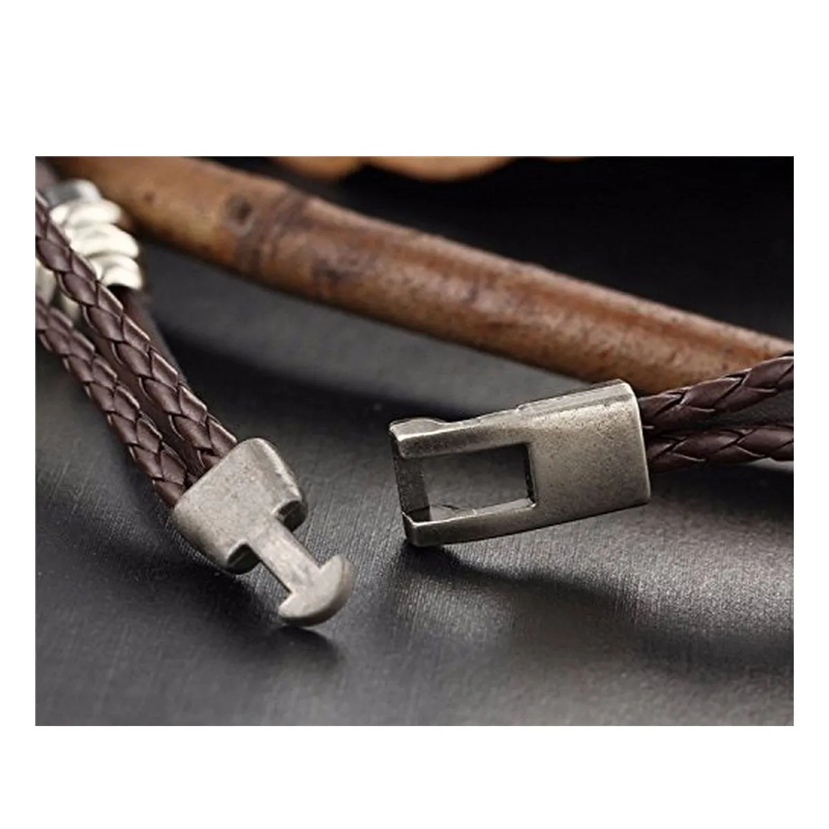 Anchor Braided Brown Leather Ring Wrist Band Strand Bracelet Men