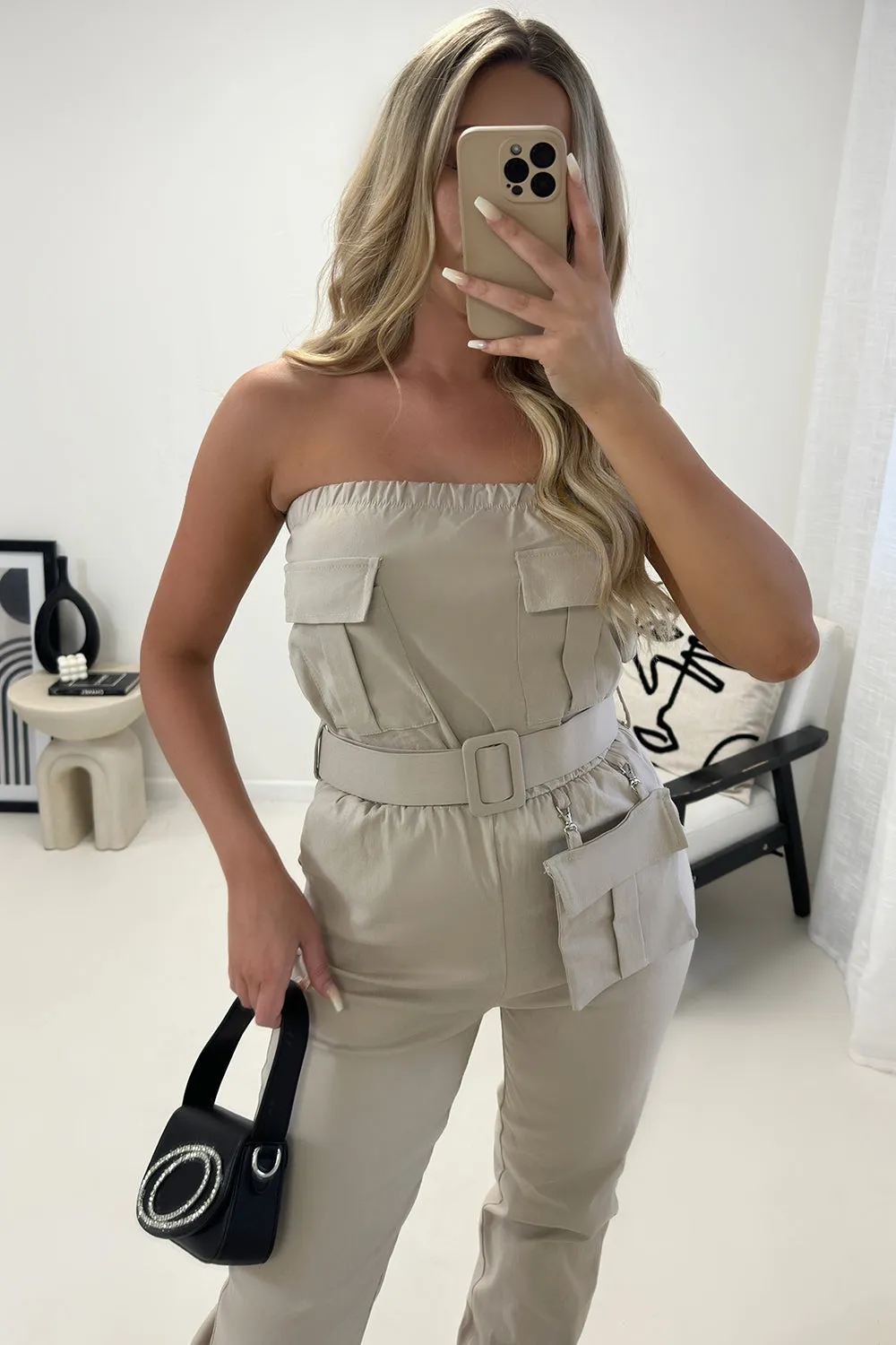 Anjalee Beige Bandeau Pocket Detail Belted Cargo Jumpsuit