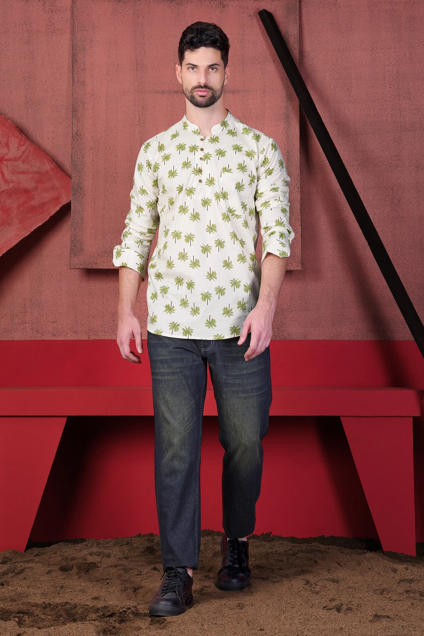 Antique Cream and Moss Green Trees Printed with a Big Tree Patchwork Premium Cotton Designer Kurta Shirt