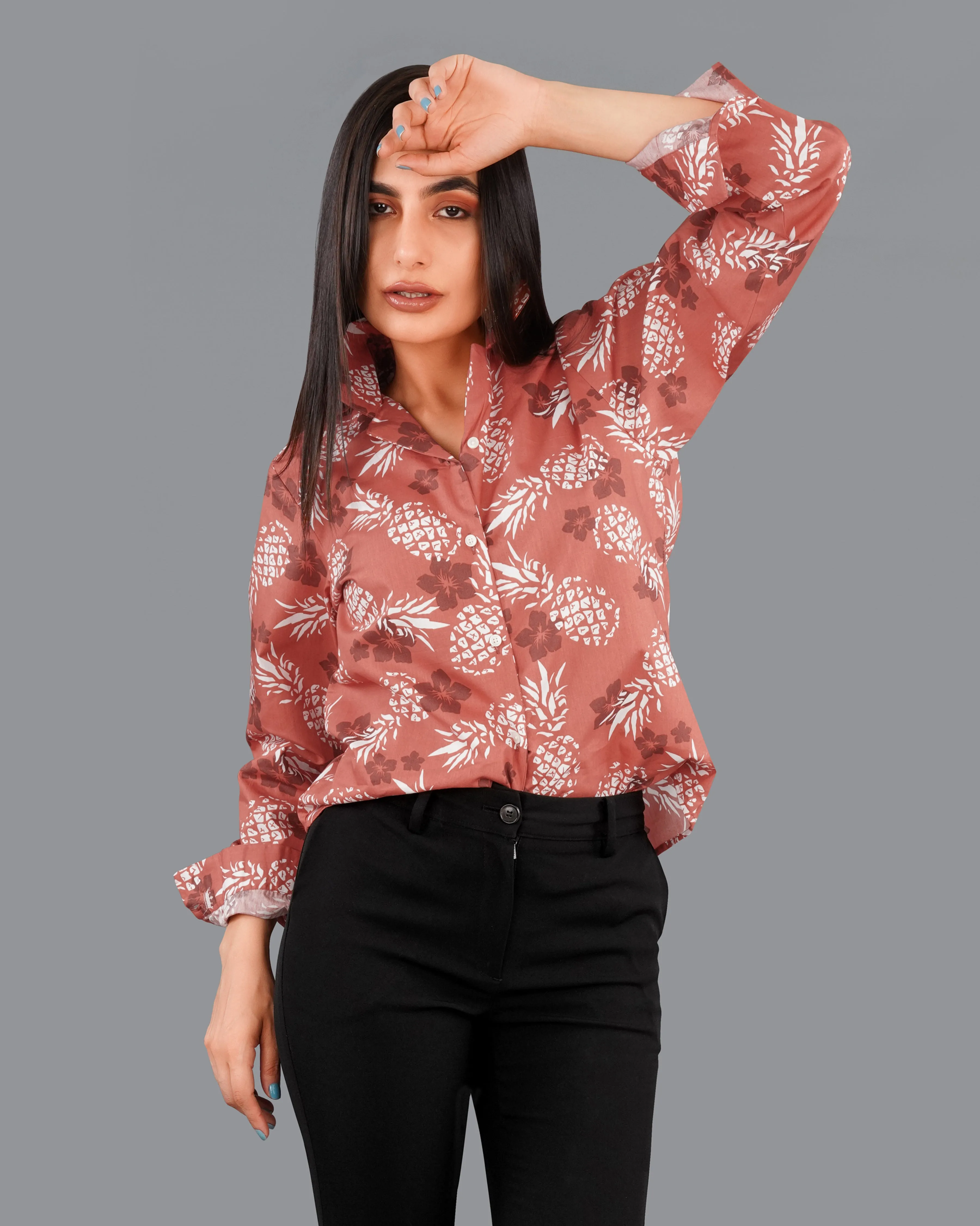 Antique Peach Pineapple Printed Premium Cotton Shirt