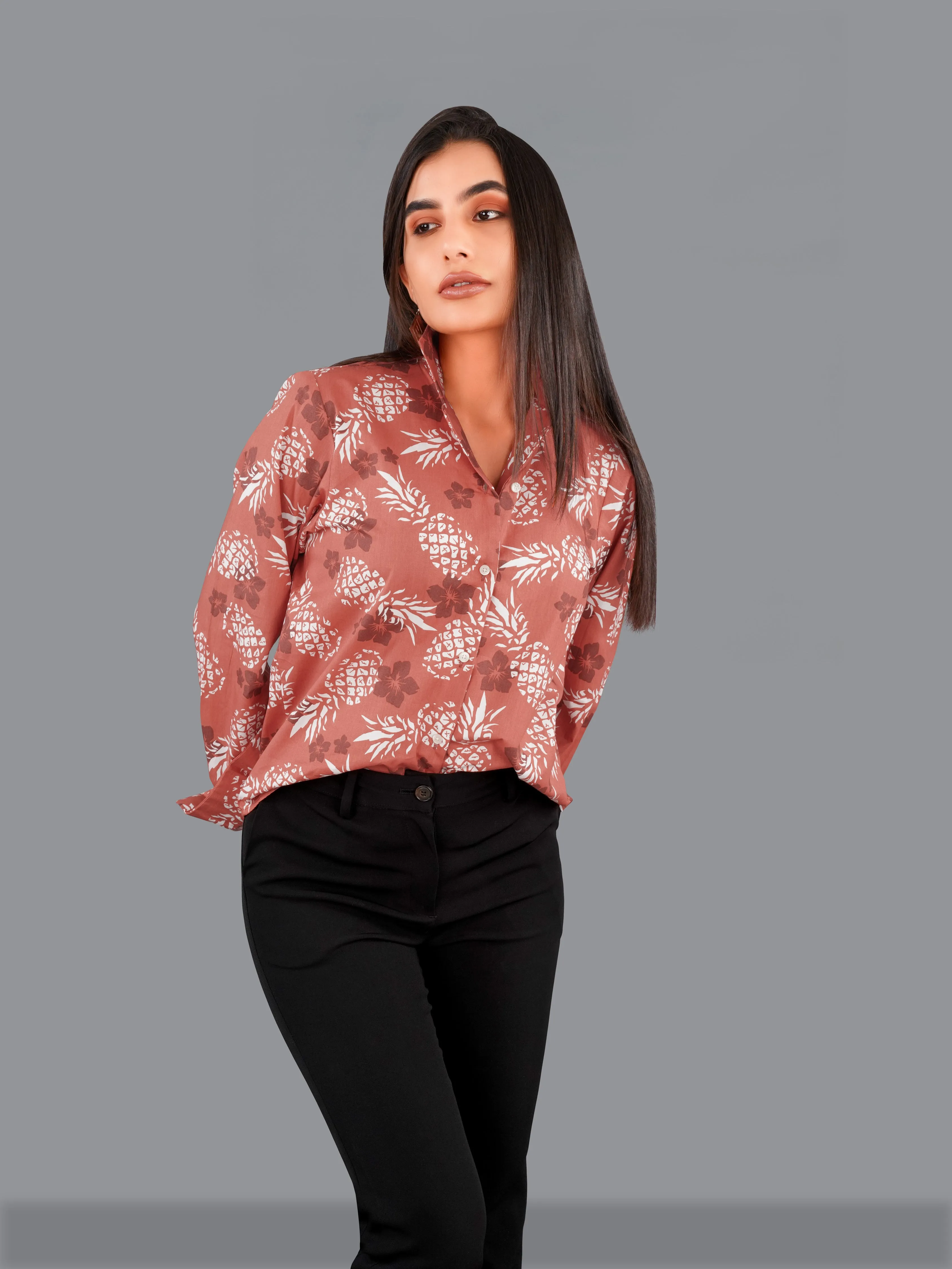 Antique Peach Pineapple Printed Premium Cotton Shirt