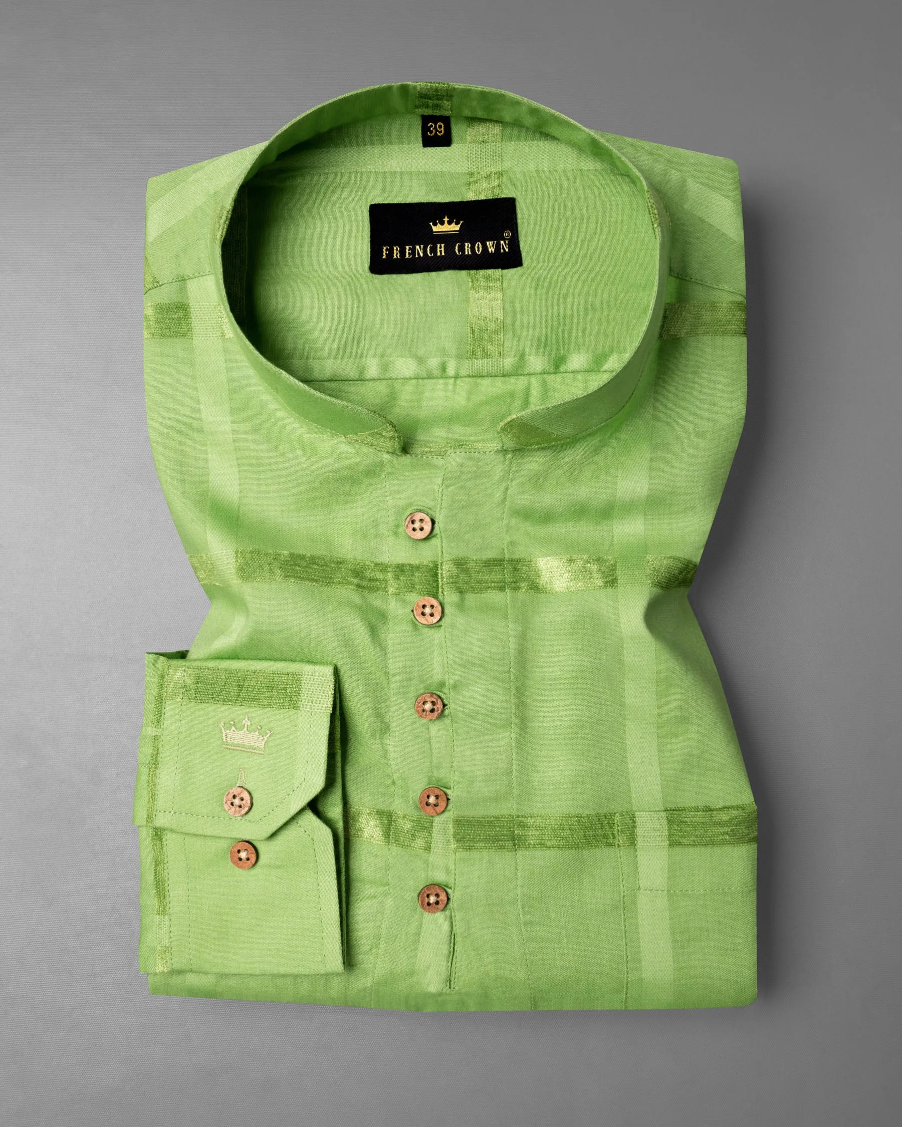 Asparagus Green Velvet Windowpane Dobby Textured Premium Giza Cotton Kurta Shirt