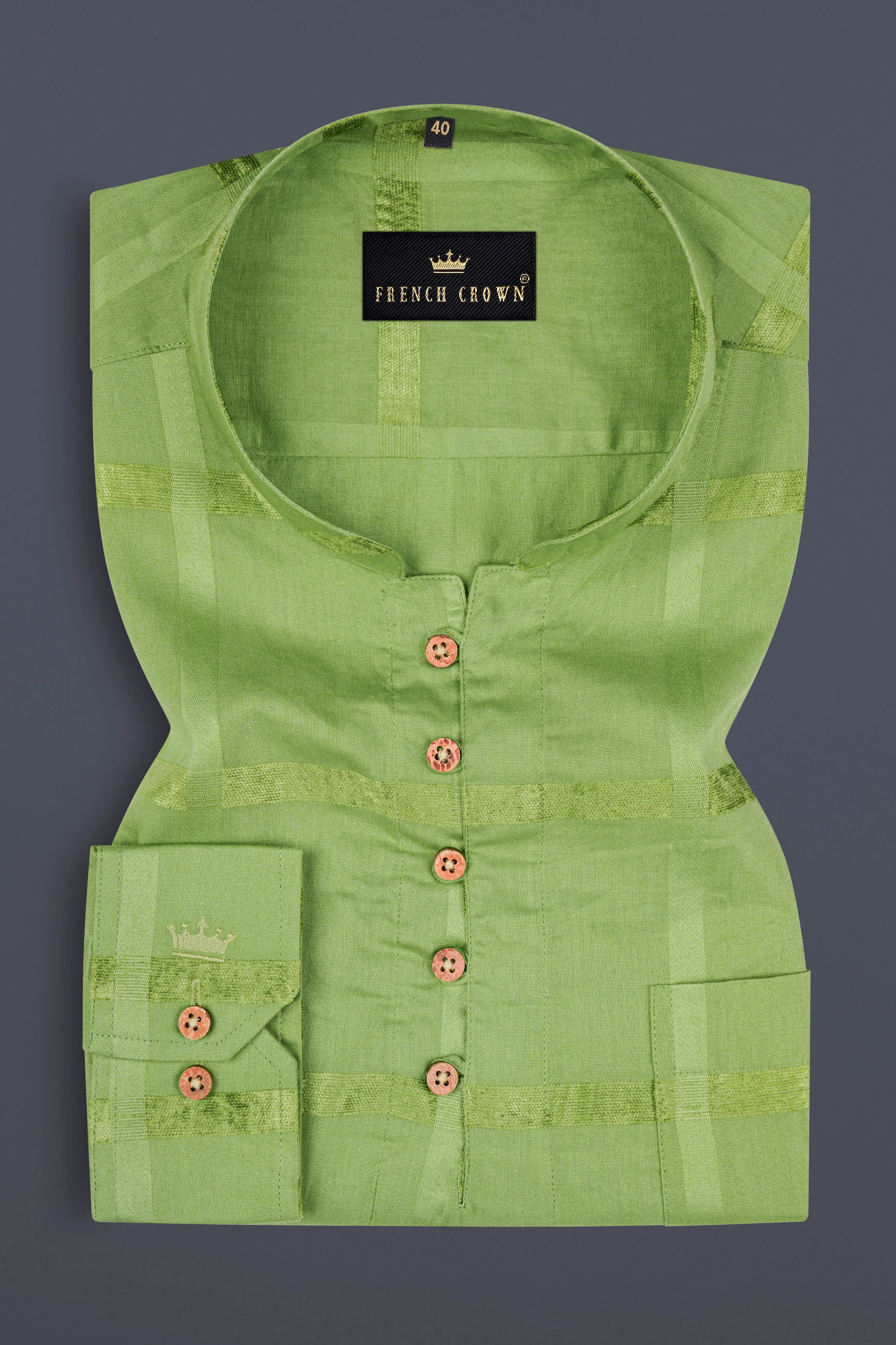 Asparagus Green Velvet Windowpane Dobby Textured Premium Giza Cotton Kurta Shirt