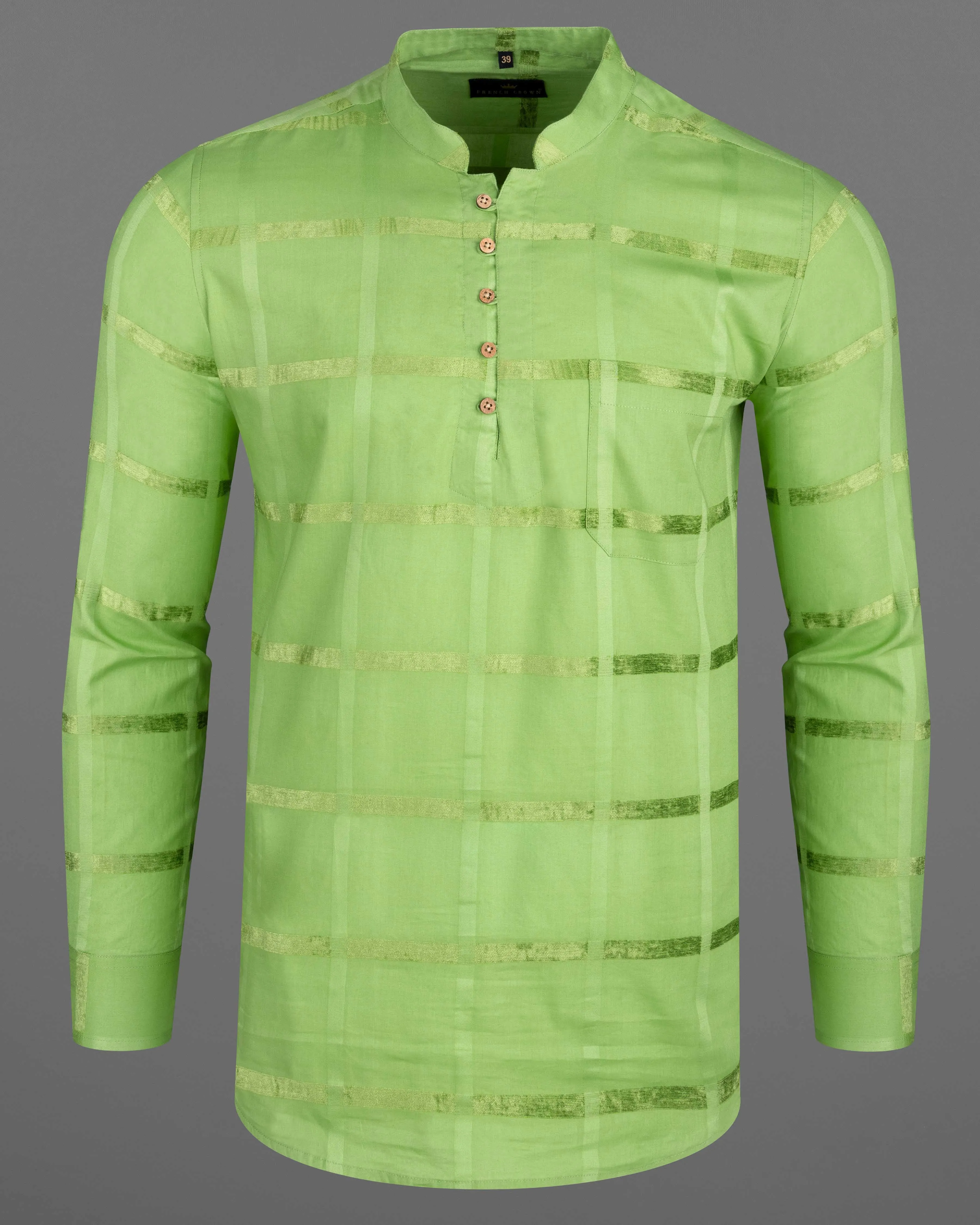 Asparagus Green Velvet Windowpane Dobby Textured Premium Giza Cotton Kurta Shirt