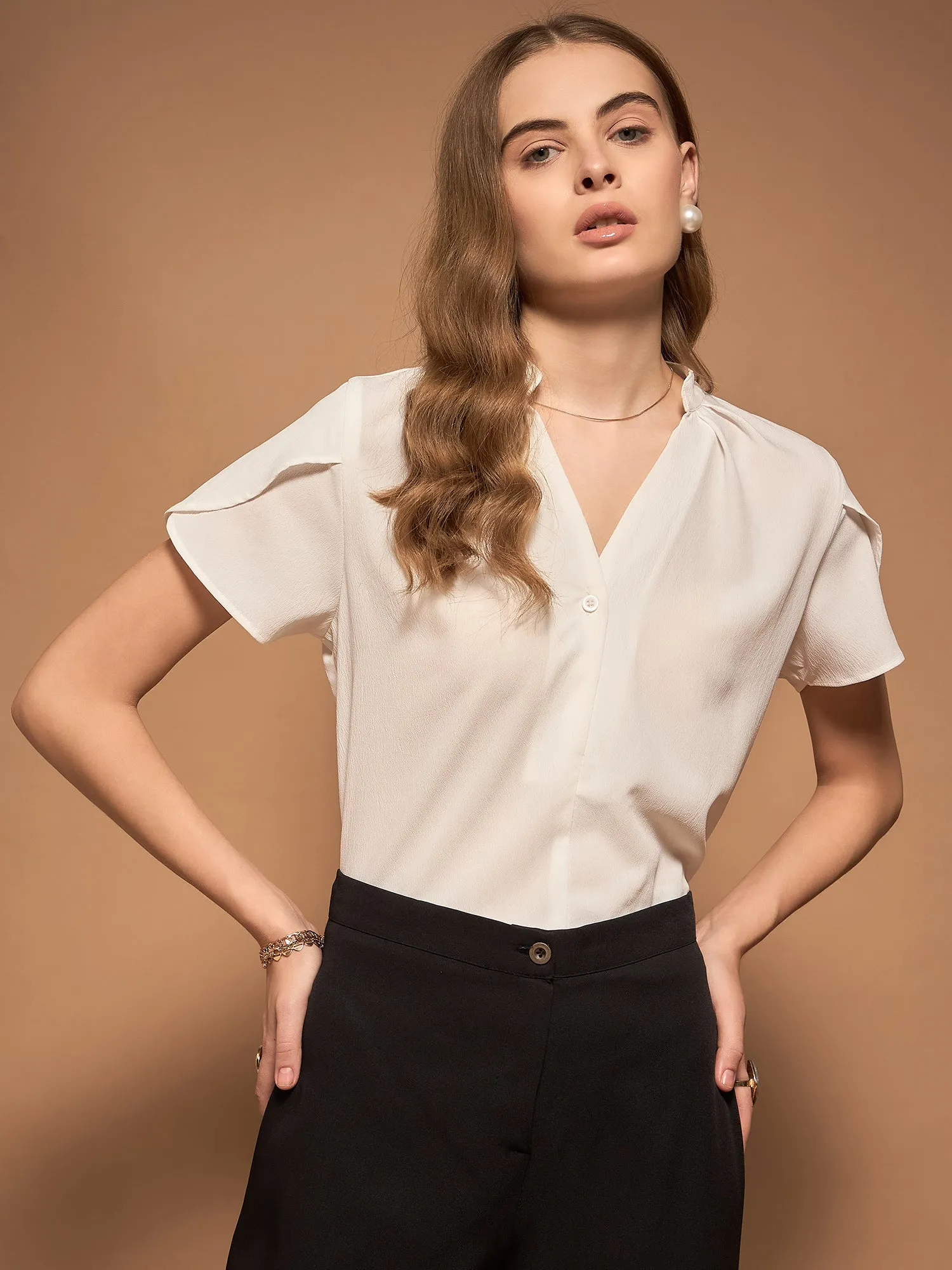 Berrylush BIZwear Women White Solid V-Neck Regular Formal Top