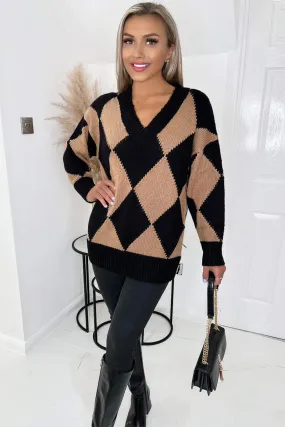 Black And Camel Geo Diamond Pattern V Neck Long Sleeve Knitted Jumper