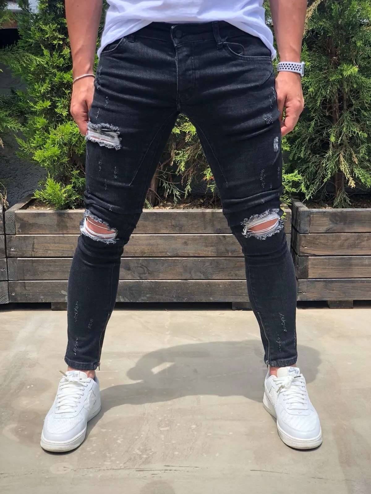 Black Destroyed Ankle Zipper Skinny Fit Denim B189 Streetwear Baggy Jeans