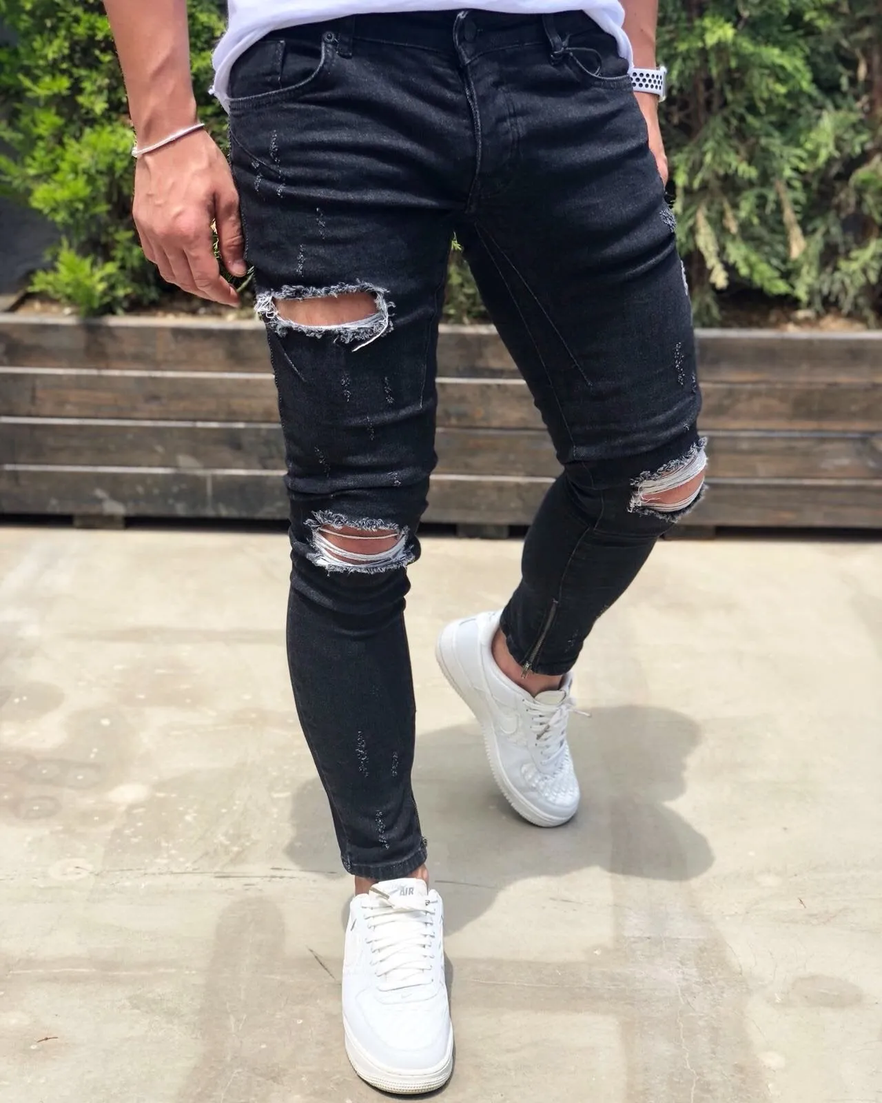 Black Destroyed Ankle Zipper Skinny Fit Denim B189 Streetwear Baggy Jeans