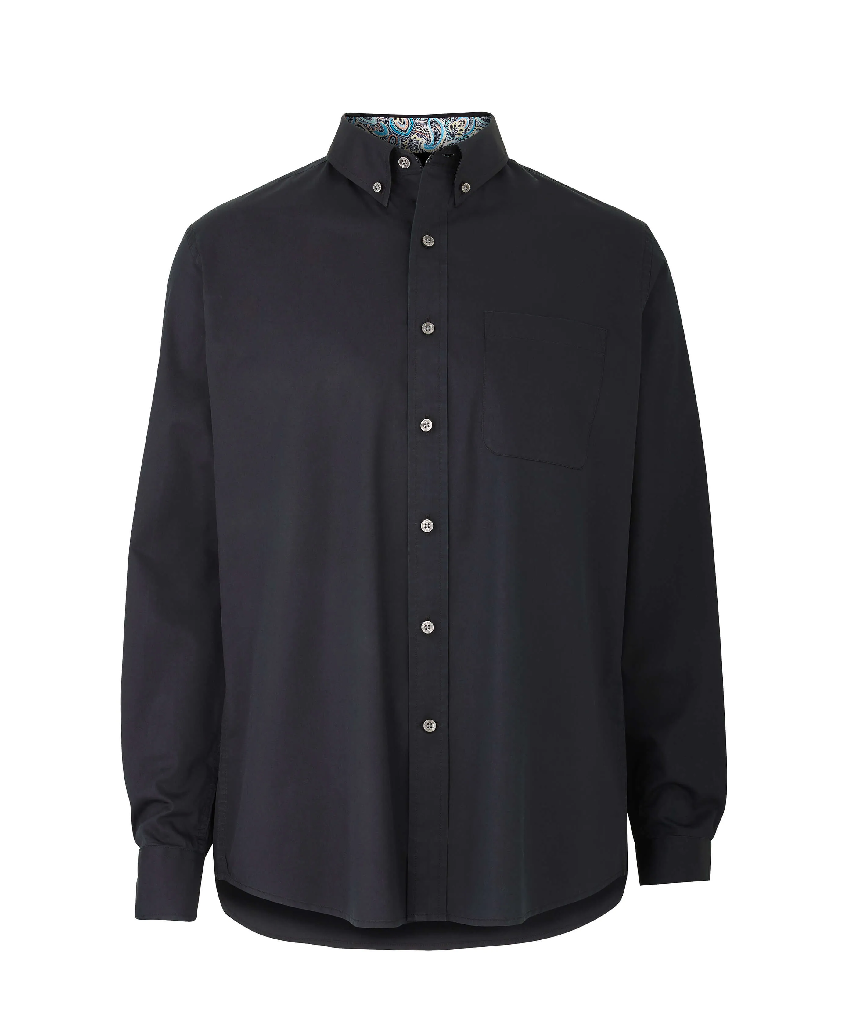 Black Fine Twill Button-Down Casual Shirt