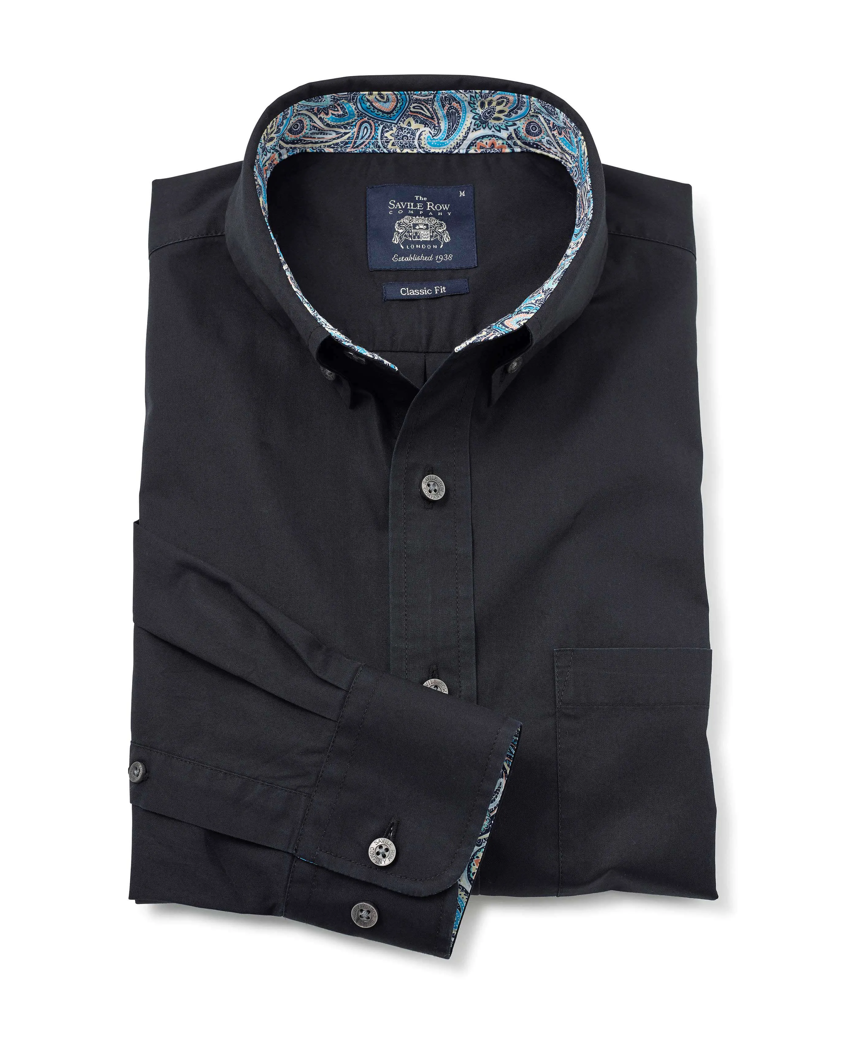 Black Fine Twill Button-Down Casual Shirt