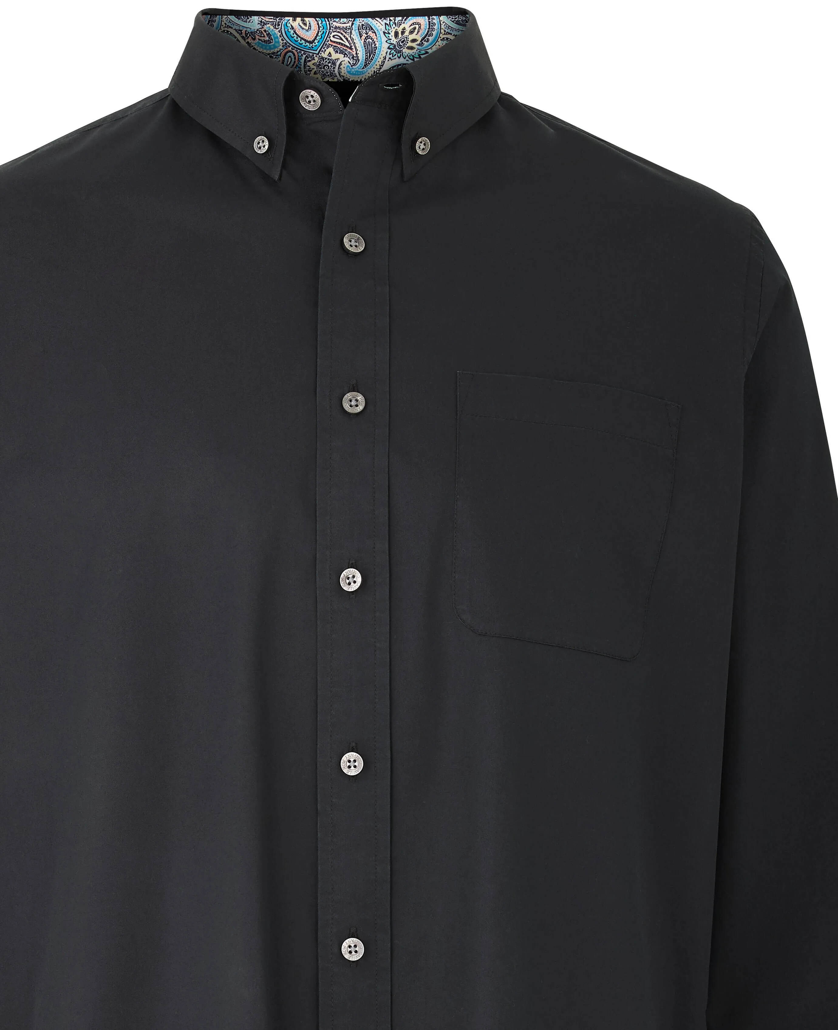 Black Fine Twill Button-Down Casual Shirt