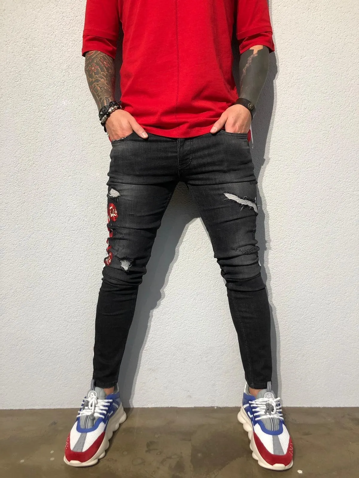 Black Side Printed Snake Patched Ultra Skinny Fit Denim B357 Streetwear Jeans