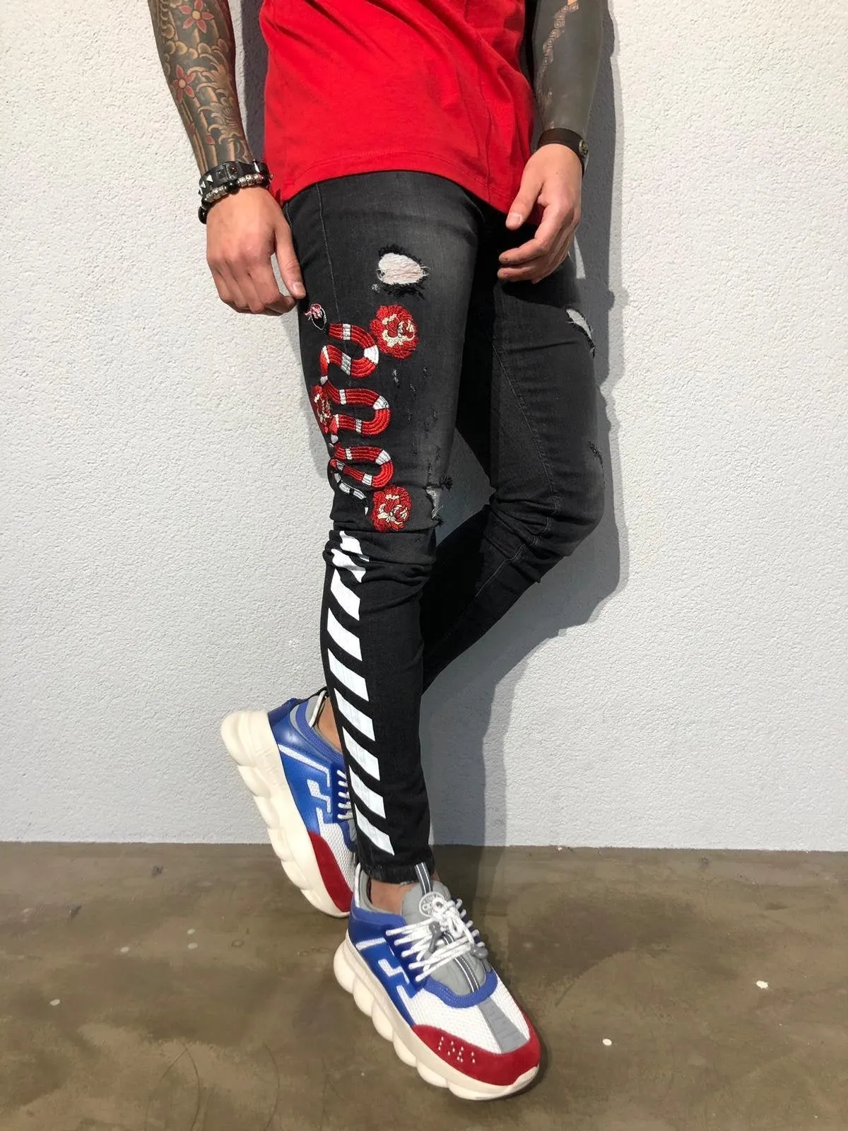 Black Side Printed Snake Patched Ultra Skinny Fit Denim B357 Streetwear Jeans