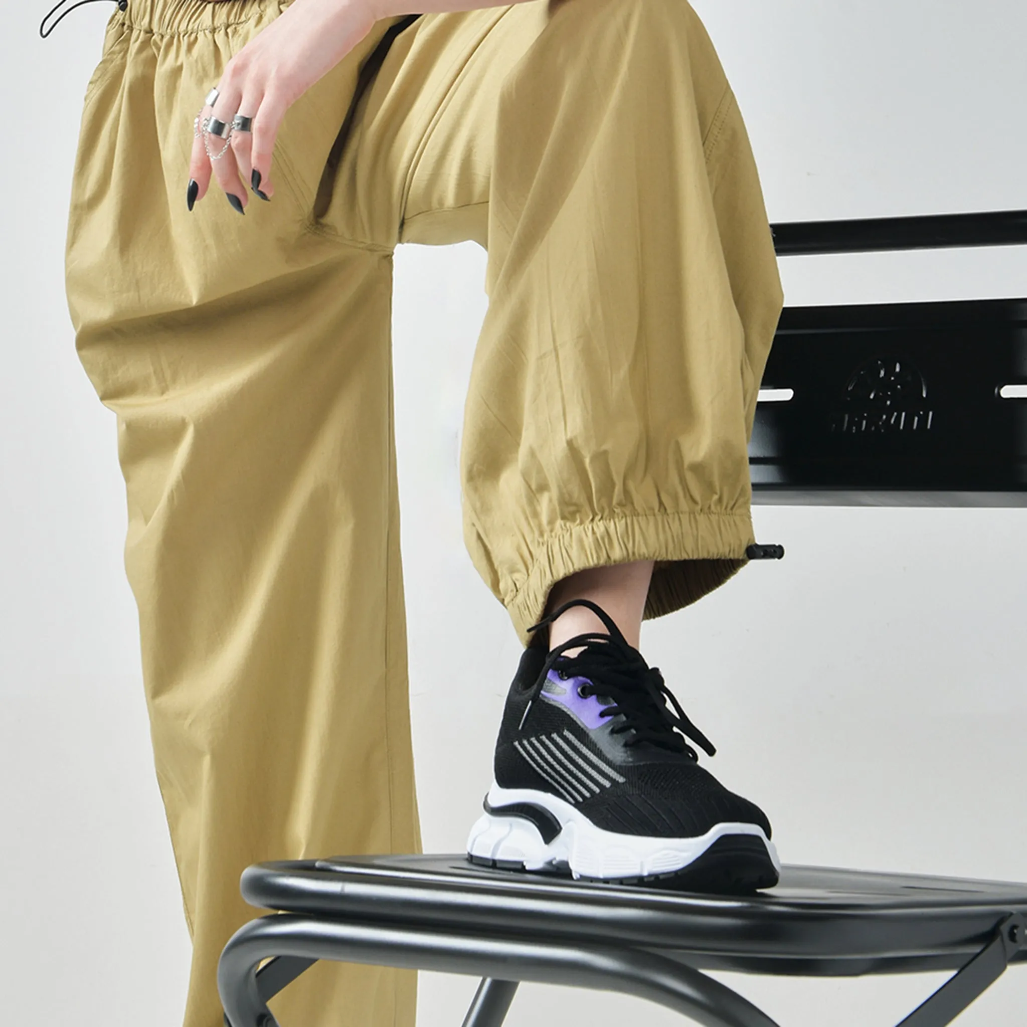 Black Square Neck Top & Khaki Parachute Pants