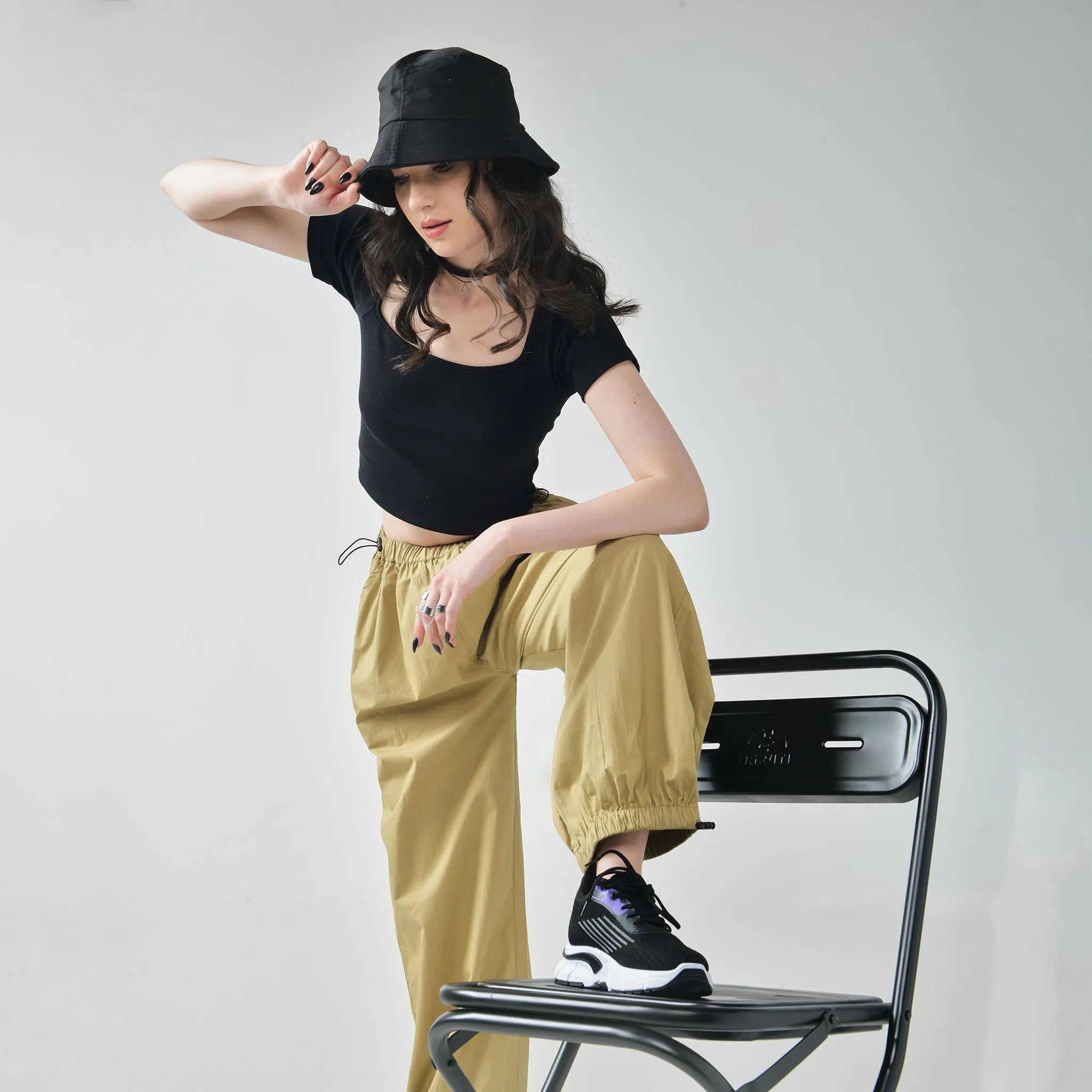 Black Square Neck Top & Khaki Parachute Pants