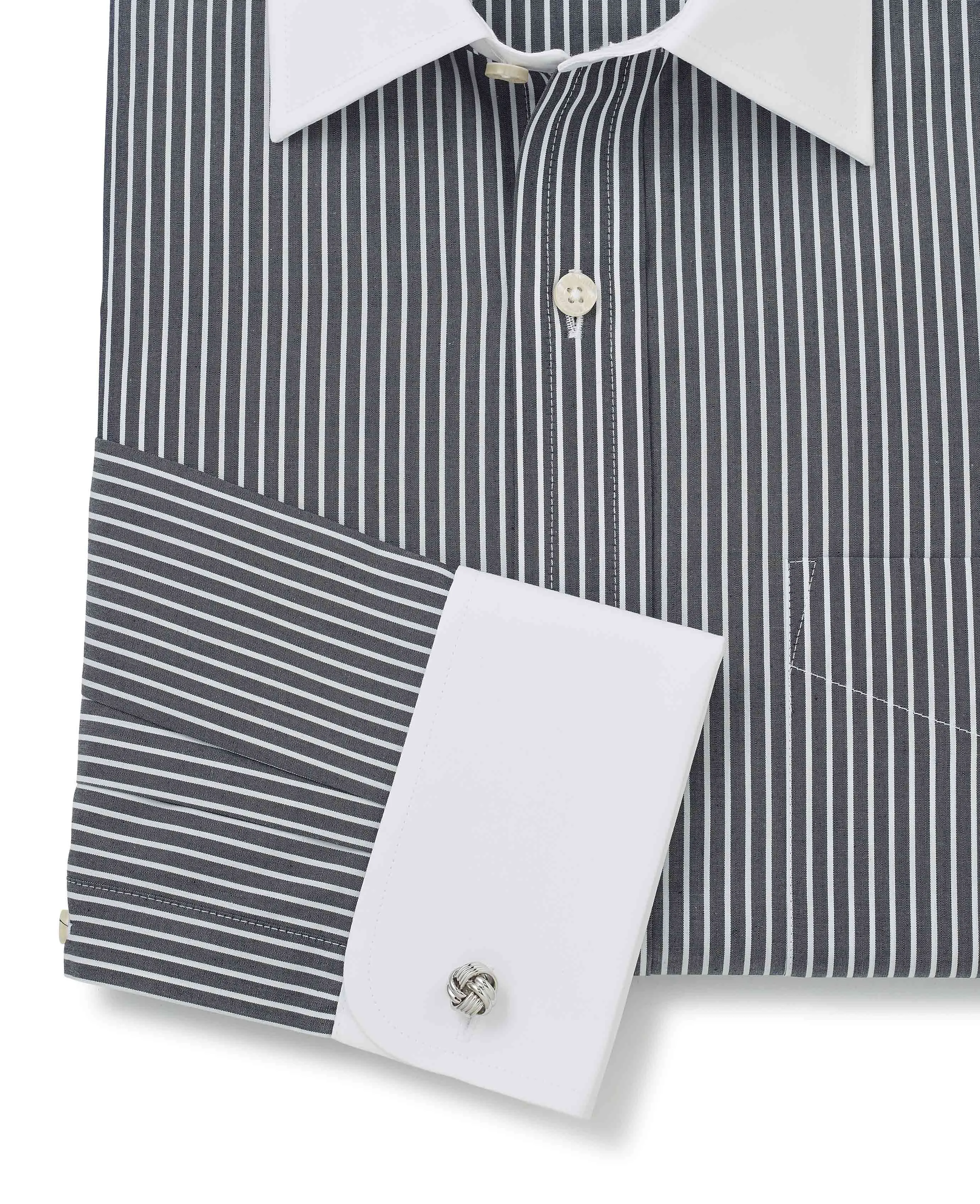 Black White Stripe Classic Fit Formal Shirt With White Collar & Cuffs - Double Cuff