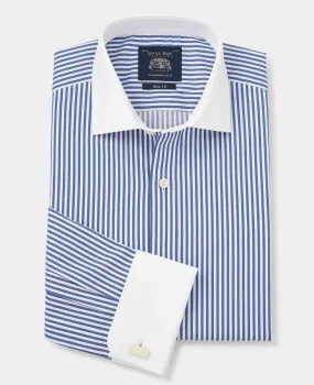 Blue Bengal Stripe Slim Fit Formal Shirt - White Double cuffs & Collar