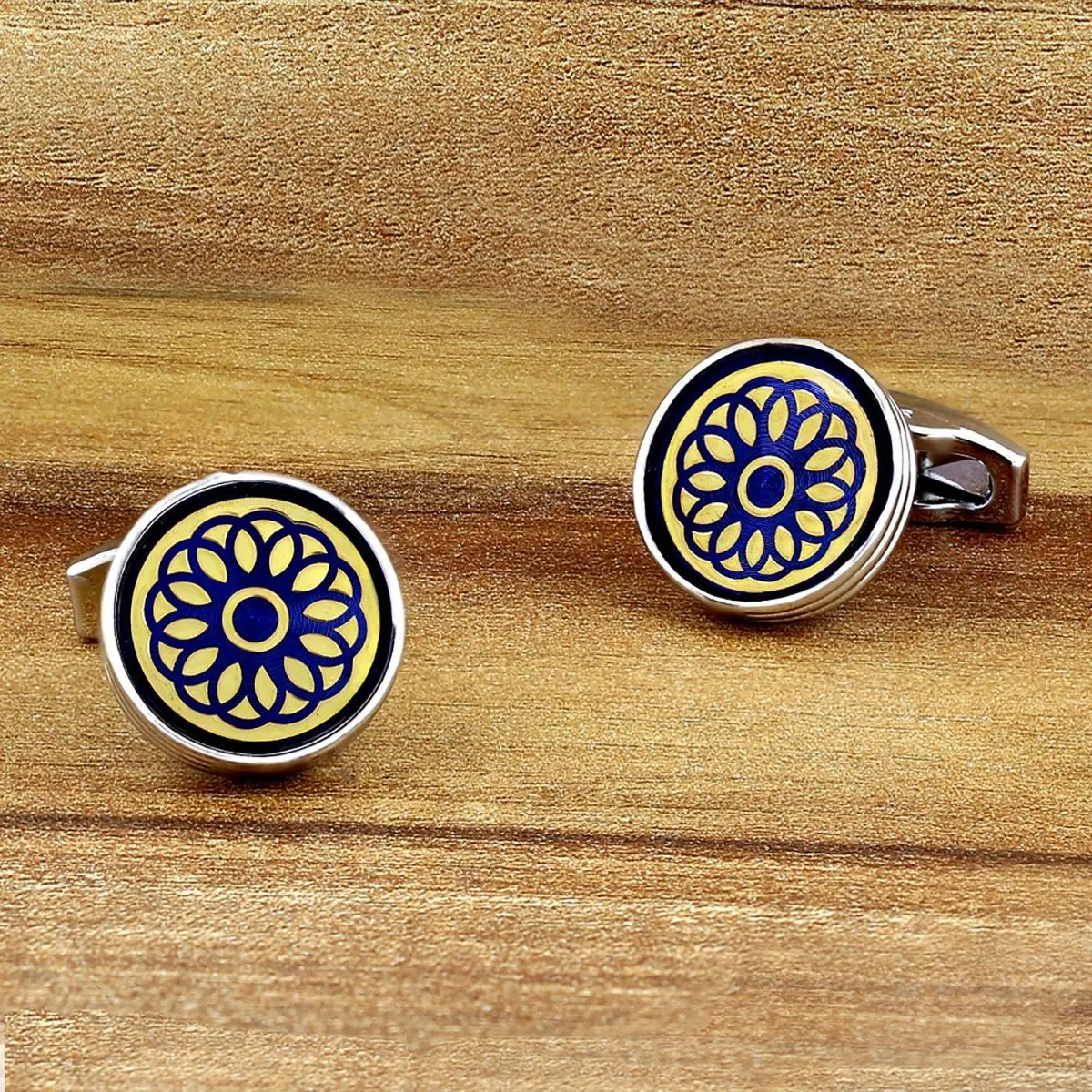 Blue Gold Floral Cufflinks In Box