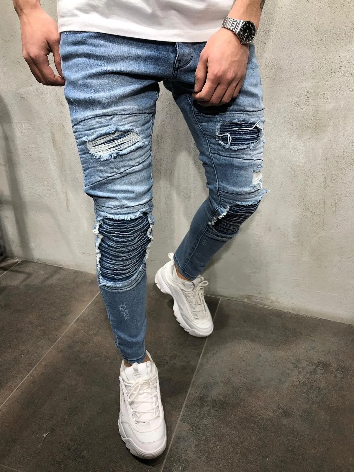 Blue Patched Ultra Skinny Fit Jeans AY363 Streetwear Mens Jeans