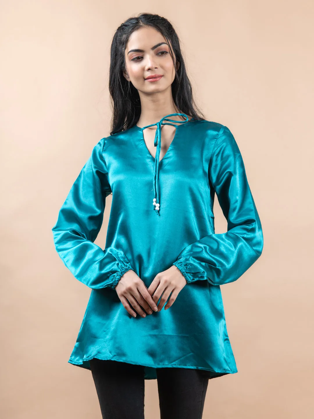 Blue Satin Full Sleeves Top