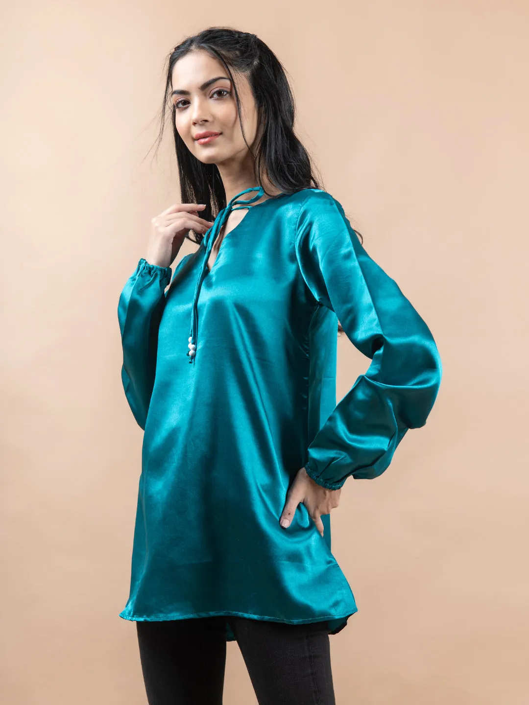 Blue Satin Full Sleeves Top