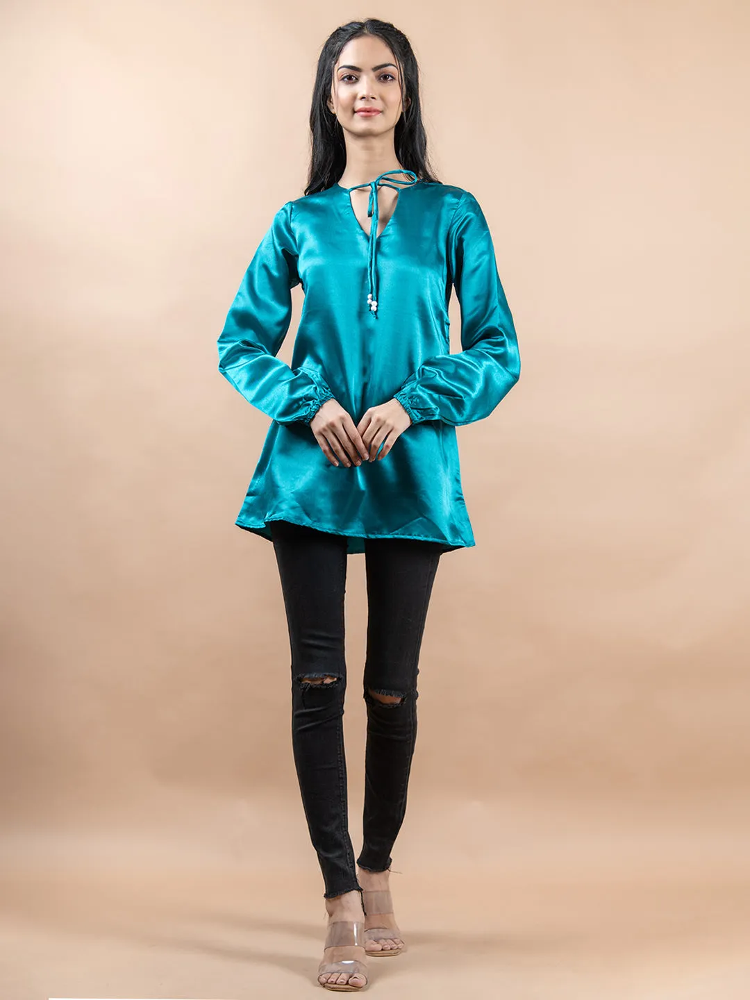 Blue Satin Full Sleeves Top