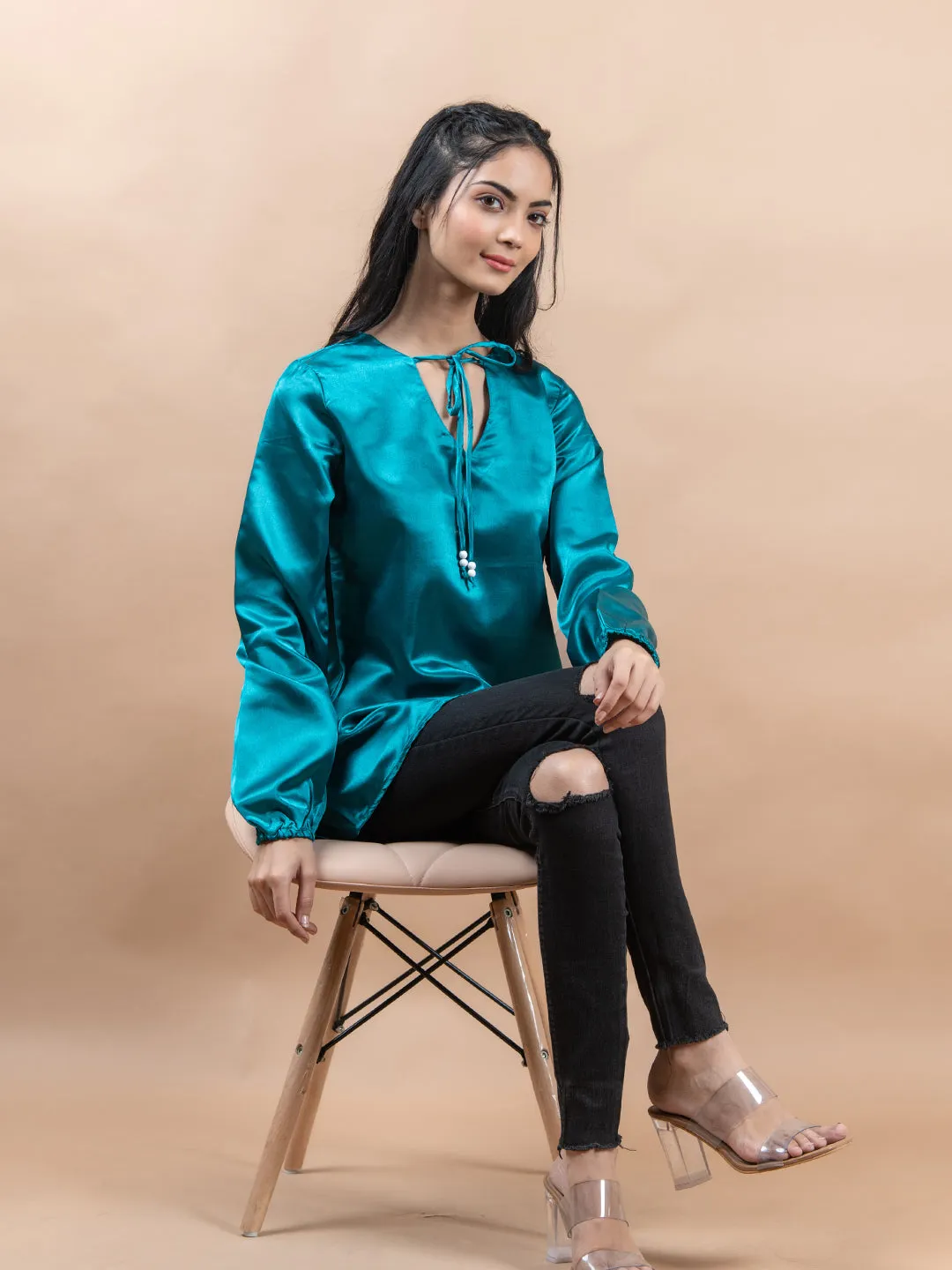 Blue Satin Full Sleeves Top