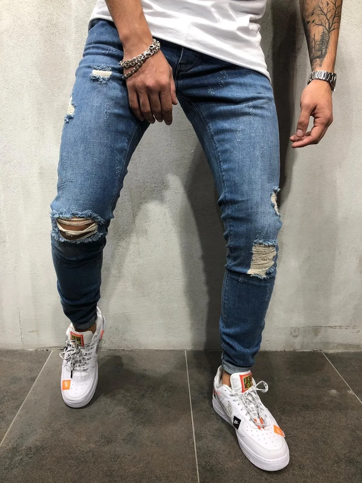 Blue Washed Distressed Skinny Fit Denim A196 Streetwear Jeans