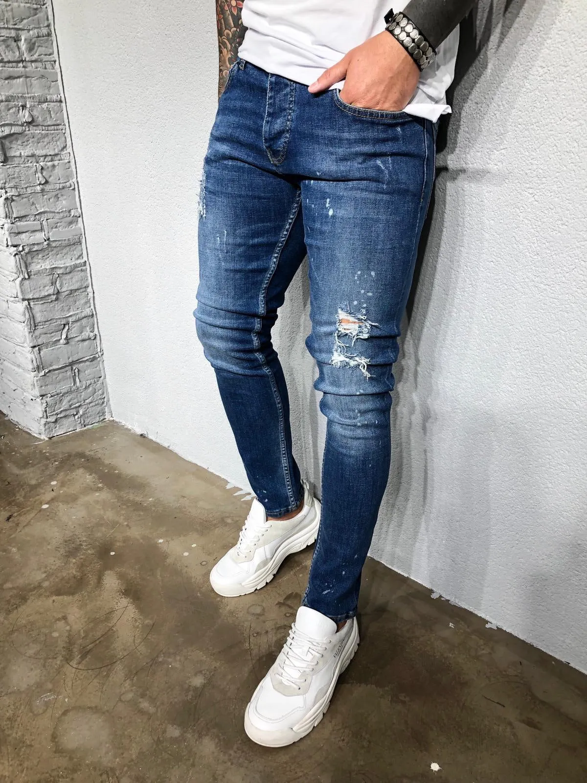 Blue Washed Distressed Ultra Skinny Denim BL419 Streetwear Jeans