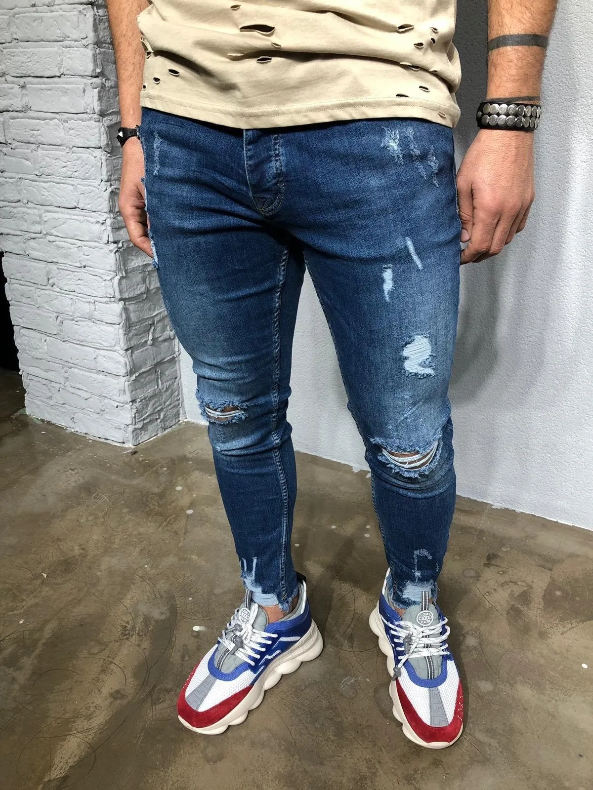 Blue Washed Ripped Denim BL257 Streetwear Jeans