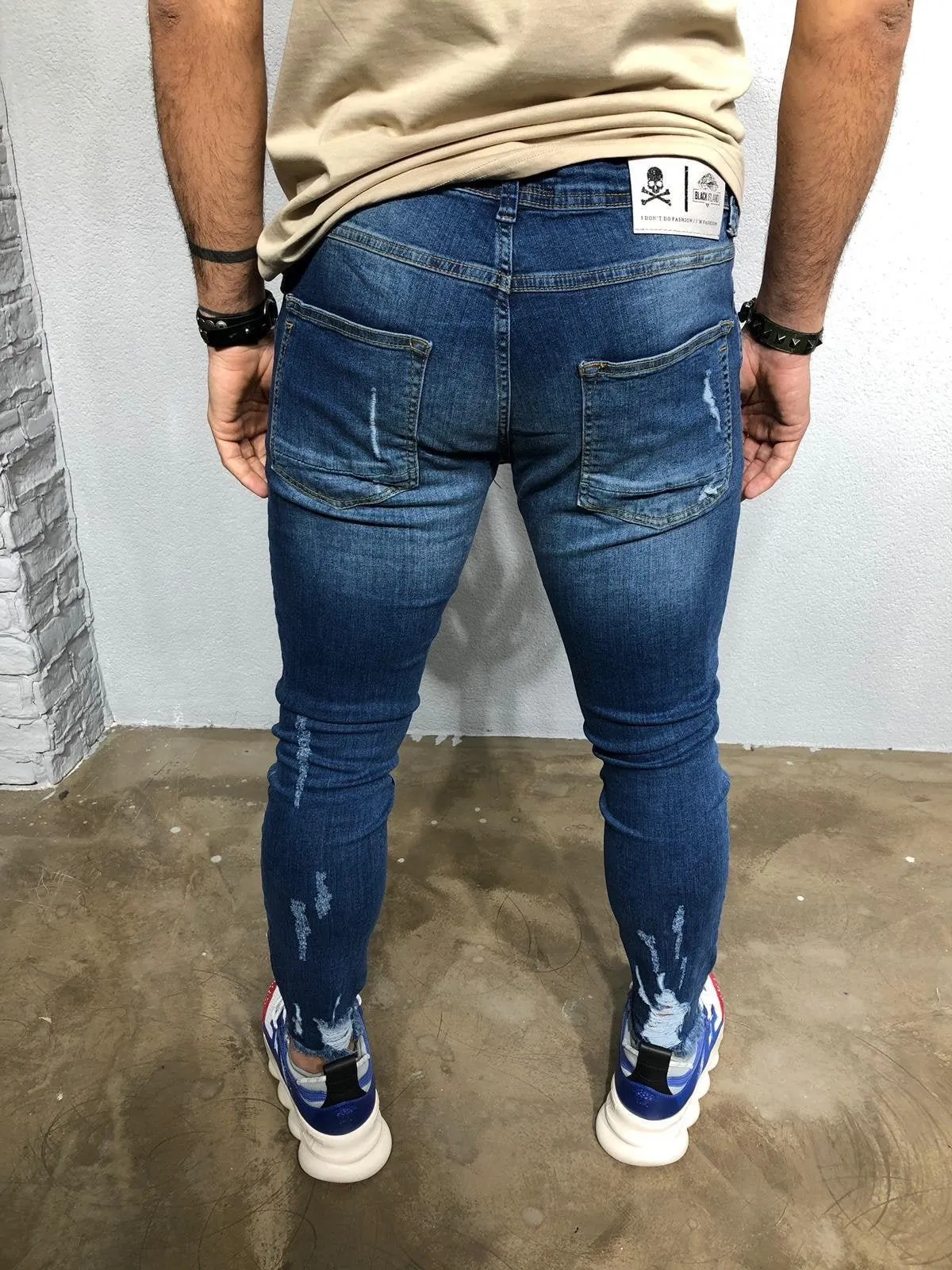 Blue Washed Ripped Denim BL257 Streetwear Jeans