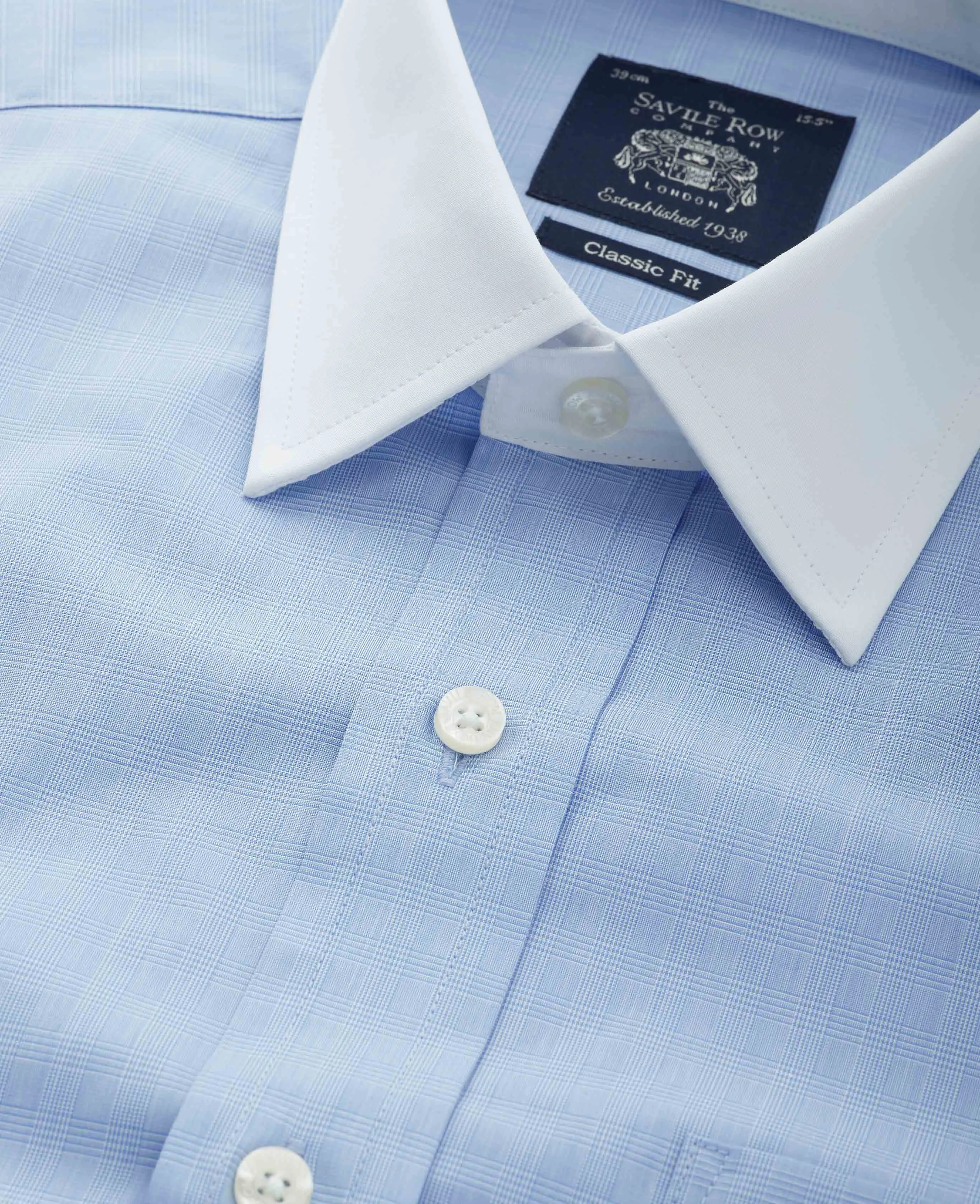 Blue White Prince of Wales Check Classic Fit Formal Shirt With White Collar & Cuffs - Double Cuff