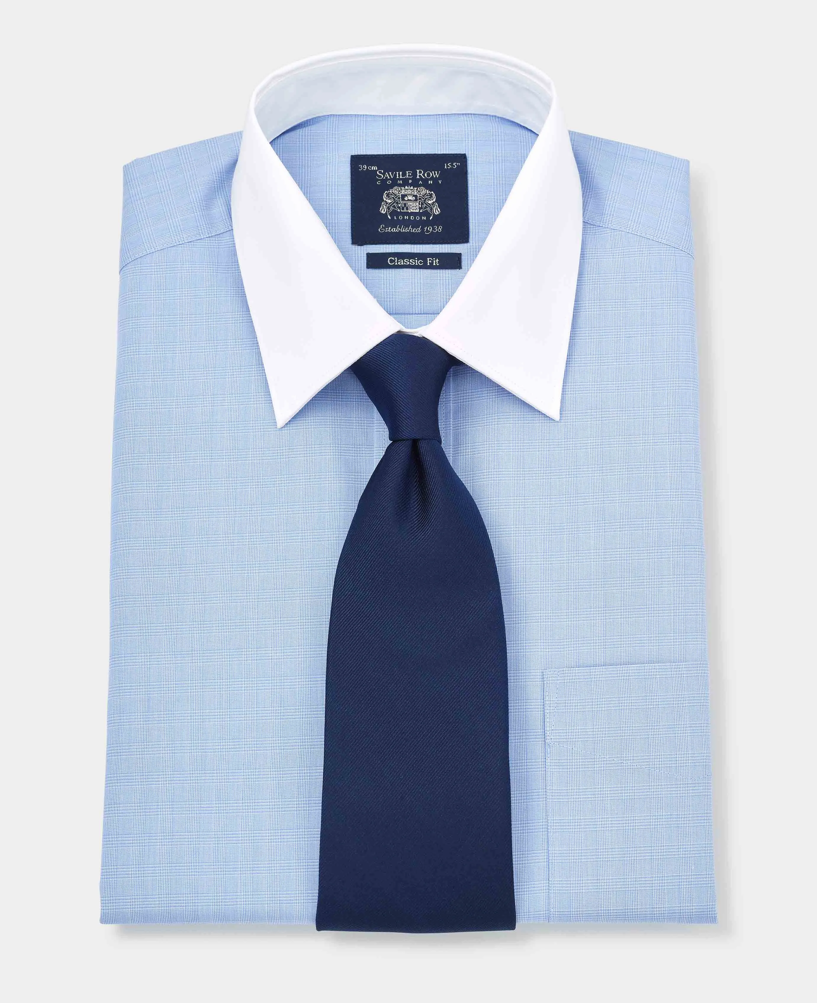 Blue White Prince of Wales Check Classic Fit Formal Shirt With White Collar & Cuffs - Double Cuff