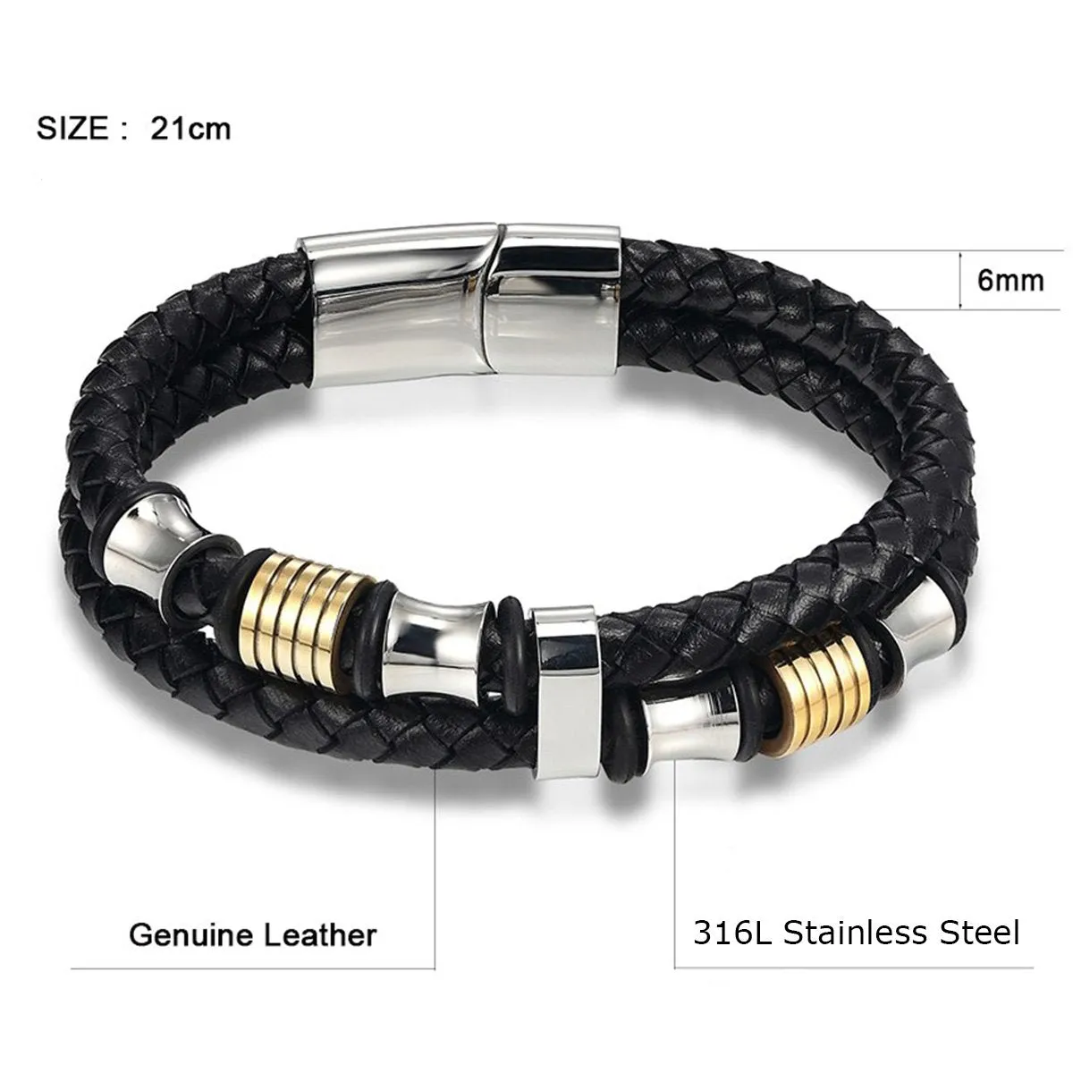 Braided Leather 316L Stainless Steel Wrist Band Bracelet Men