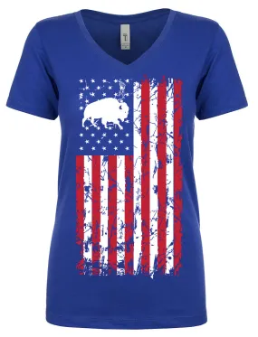 Buffalo USA Flag - ROYAL - Ladies Fitted V Neck