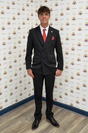 Coronation Street's Mason Radcliffe (Luca Toolan) In ROCCO Black Pinstripe Double Breasted Two Piece Suit