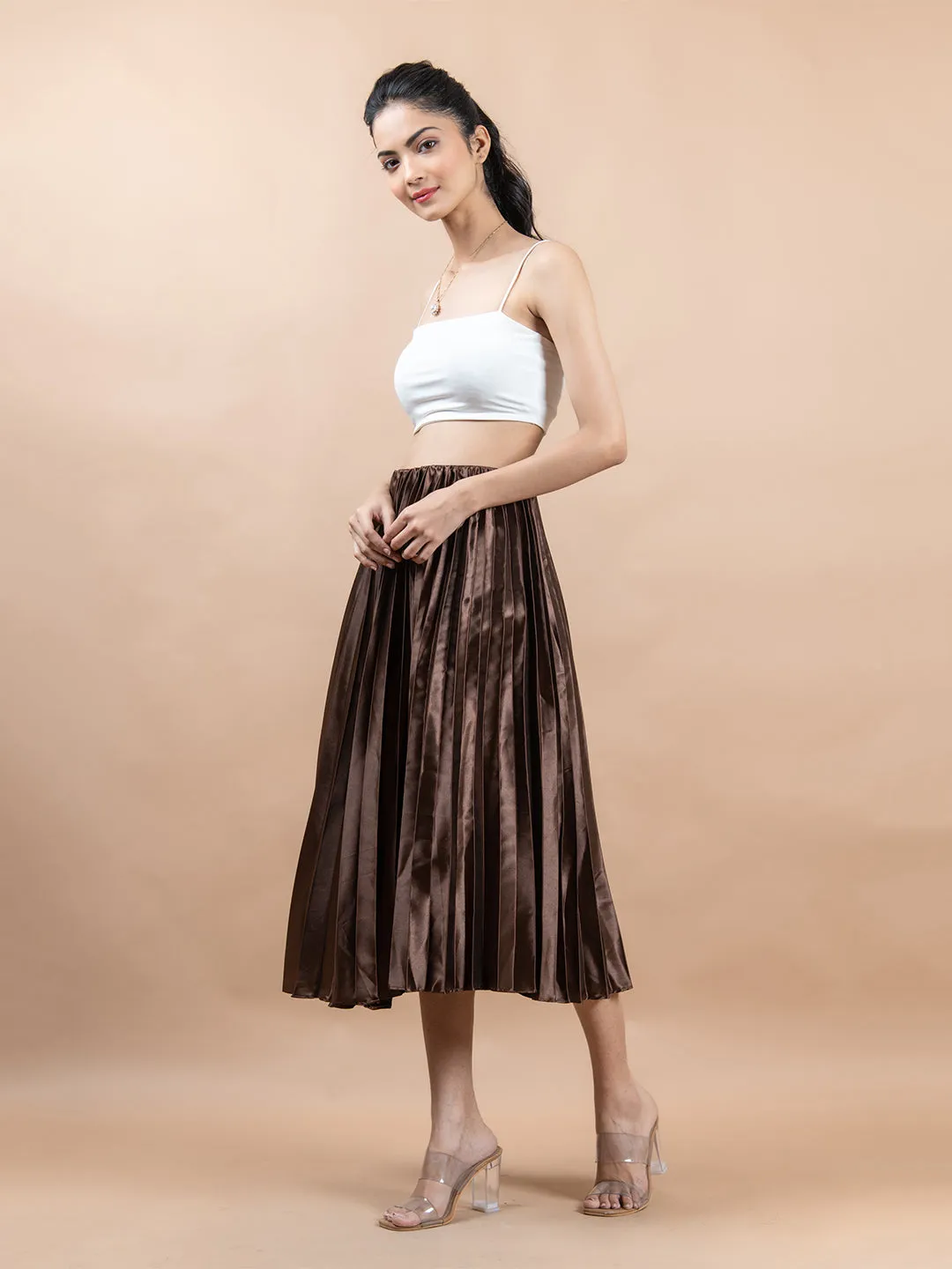 Dark Brown Flared Skirt with Accordion Pleats