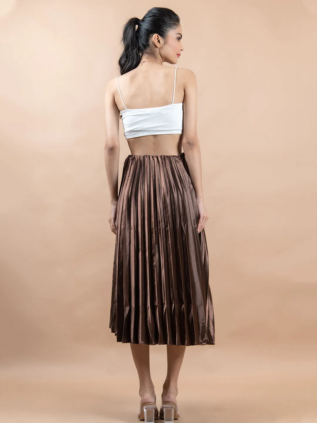 Dark Brown Flared Skirt with Accordion Pleats