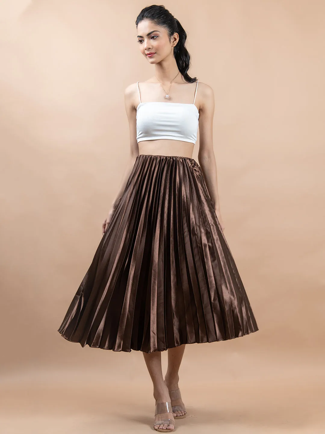 Dark Brown Flared Skirt with Accordion Pleats