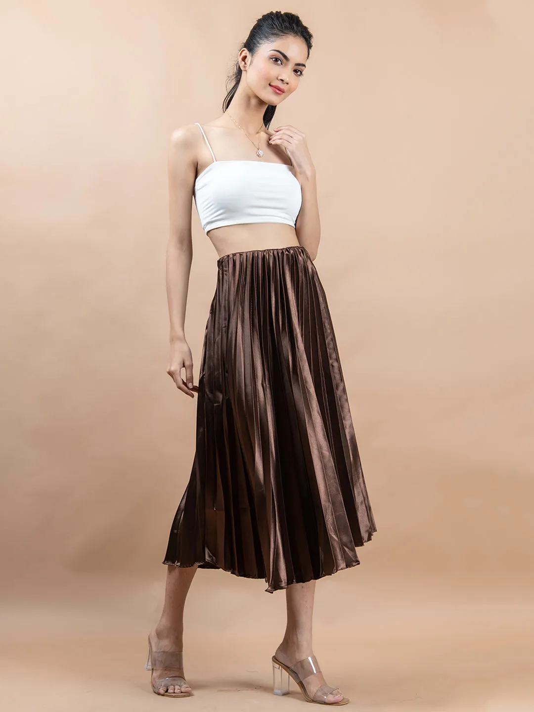 Dark Brown Flared Skirt with Accordion Pleats