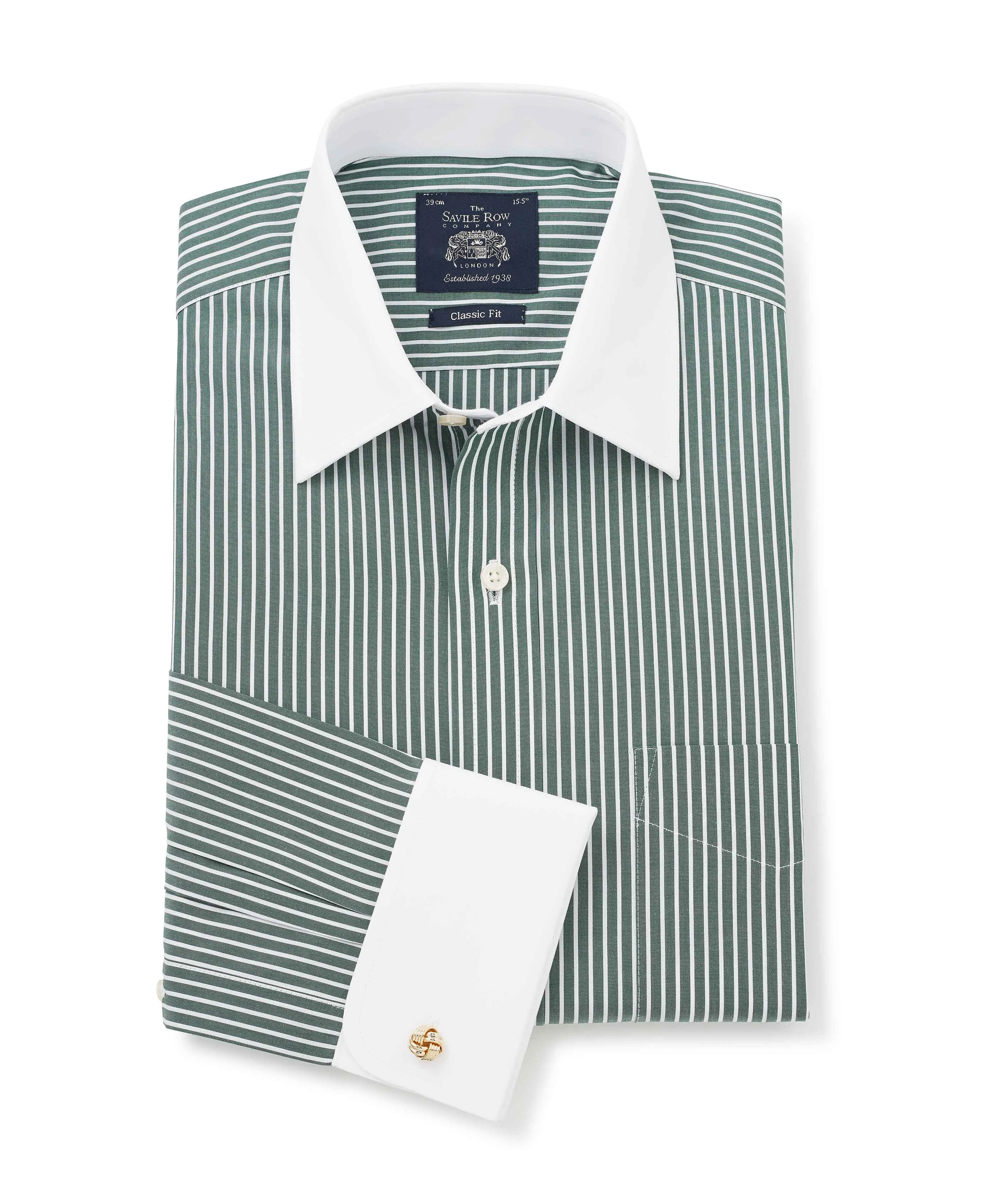 Dark Green Reverse Stripe Classic Fit Shirt With White Collar & Cuffs