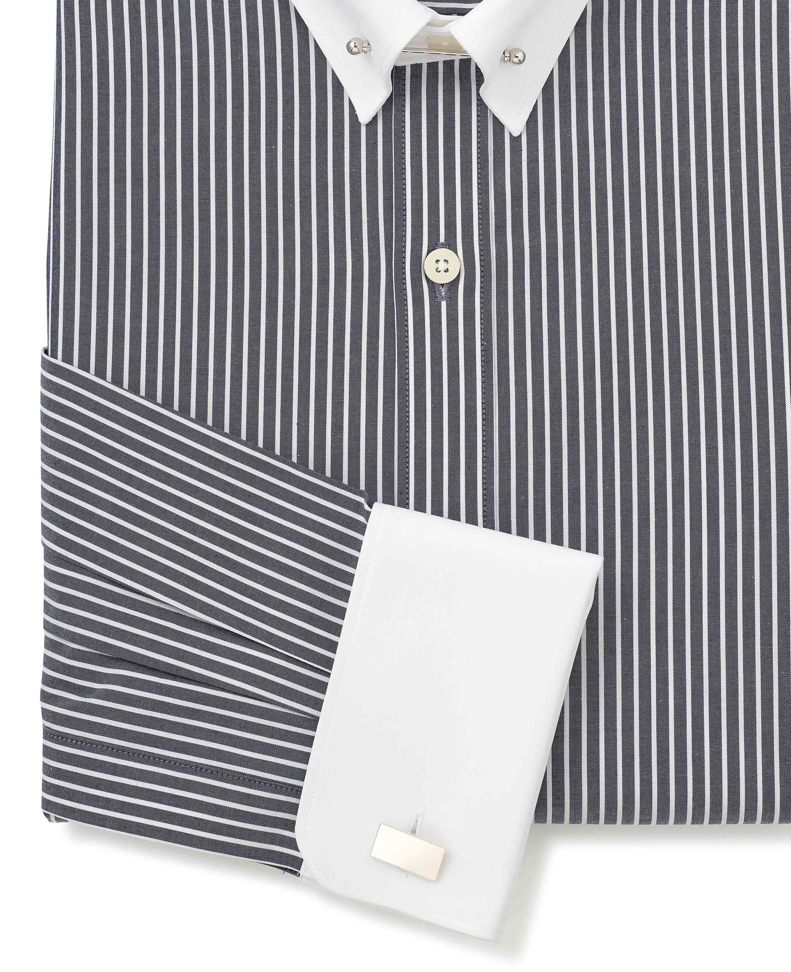 Dark Navy Reverse Stripe Slim Fit Pin Collar Formal Shirt - White Double cuffs & Collar