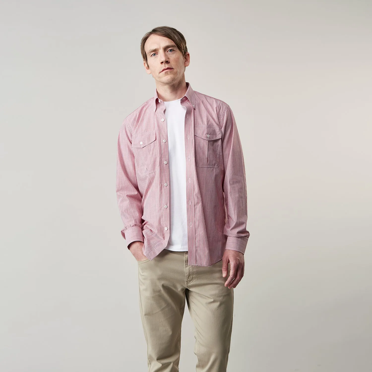 Dark Red Chambray Stripe Weekend Fit Shirt With Dorset Collar