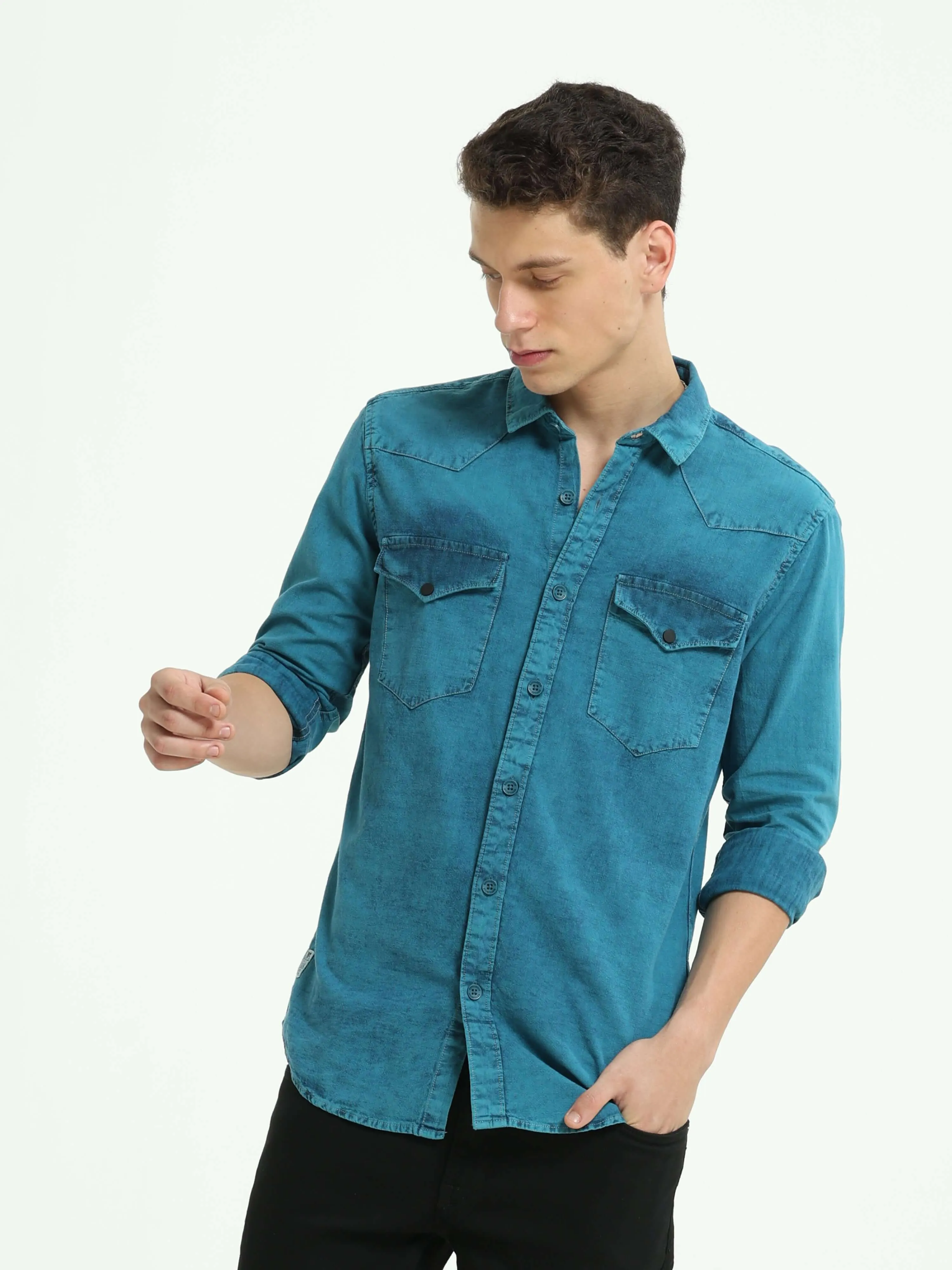 Denim Indigo-Teal over-dyed casual shirt